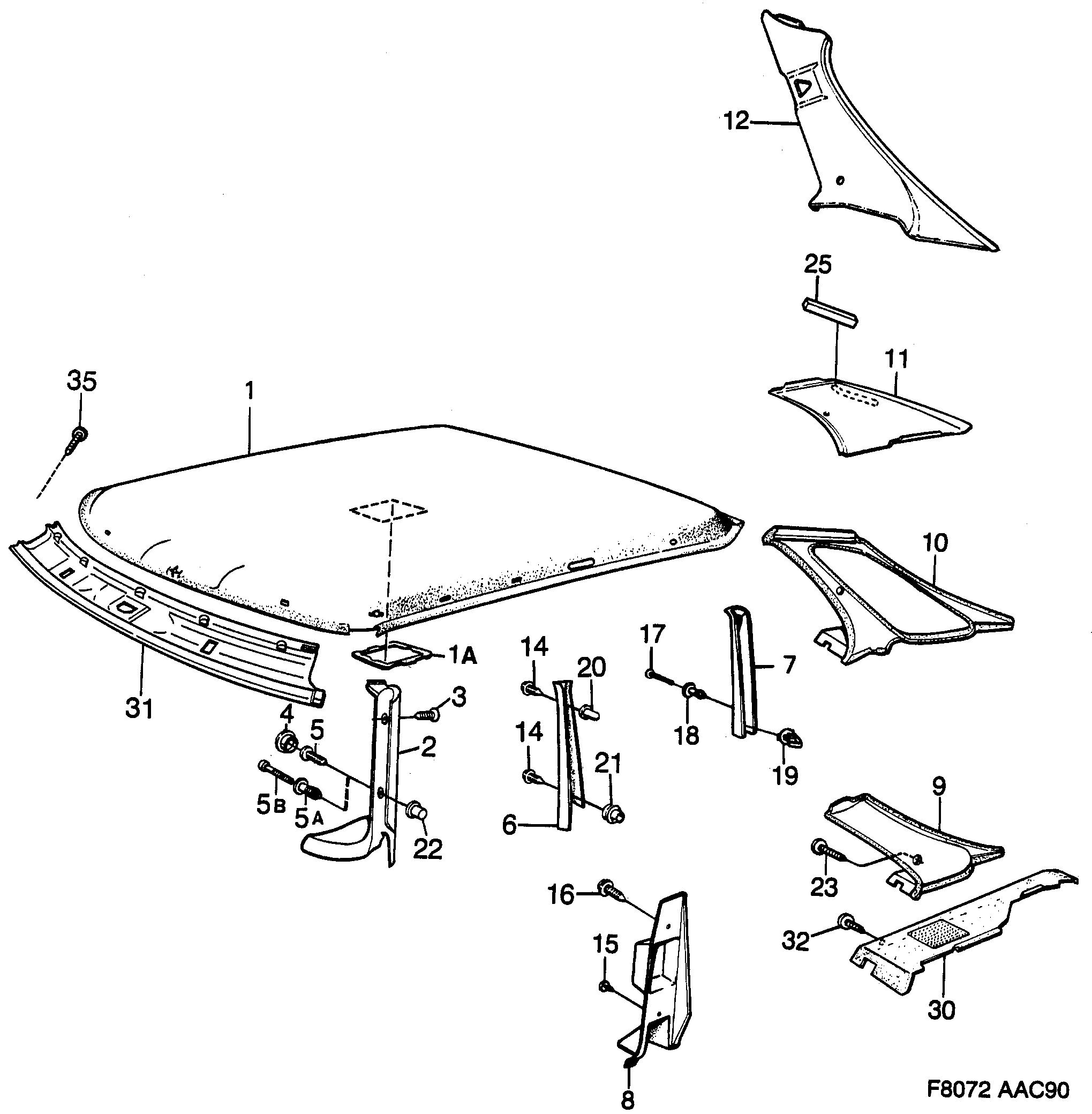 Saab 900 Head- and pillar lining diagram