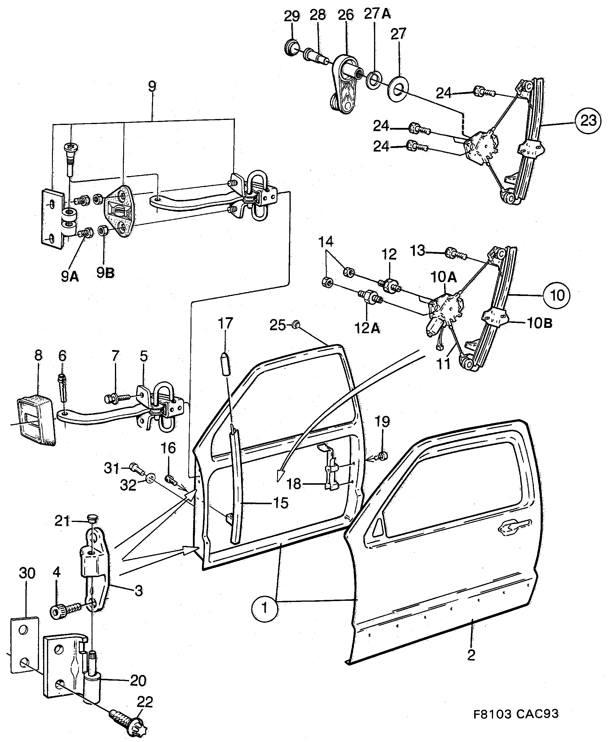 Saab 9000 Front doors, hinges, window regulators diagram