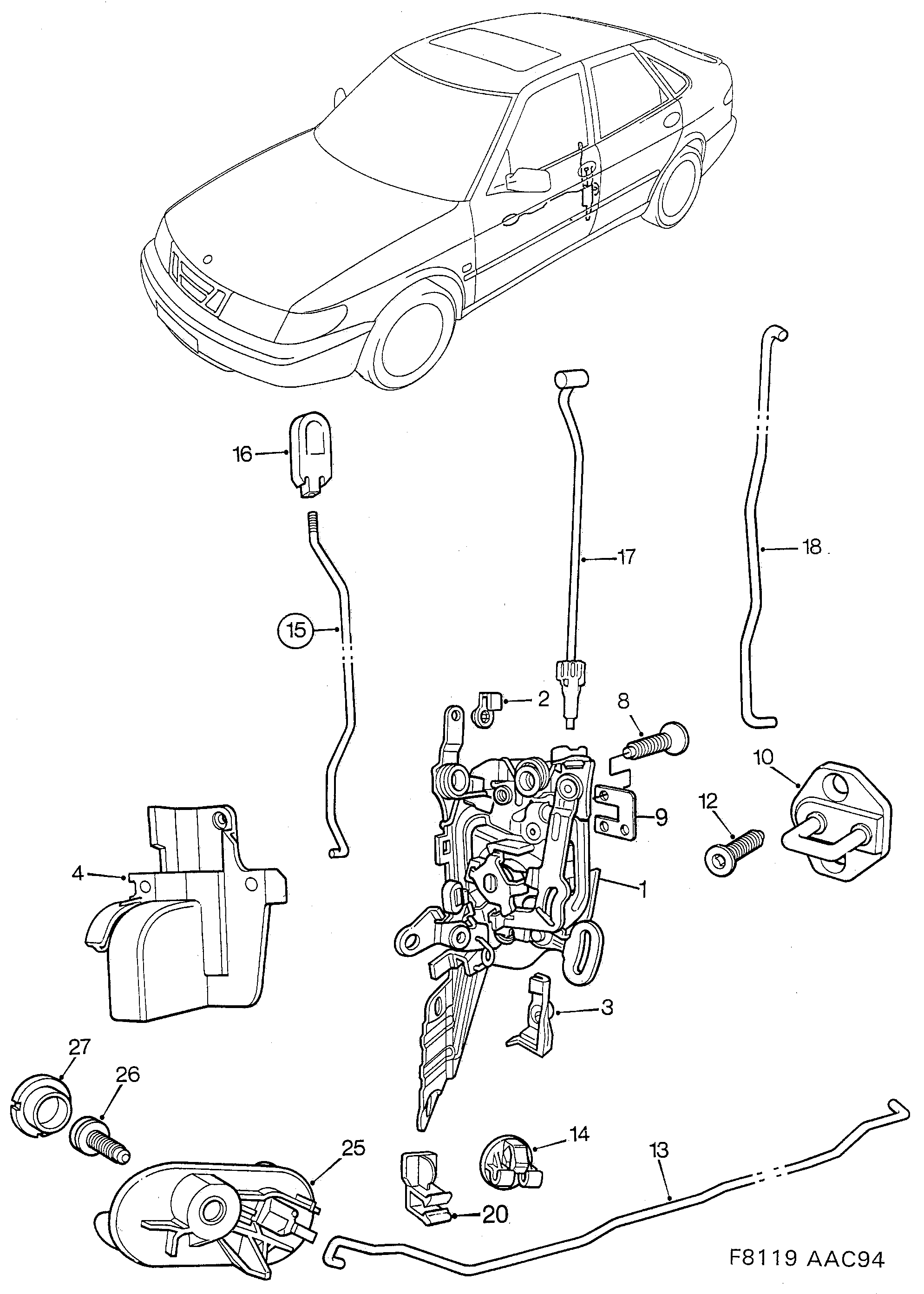Saab 900 Door lock Front door diagram