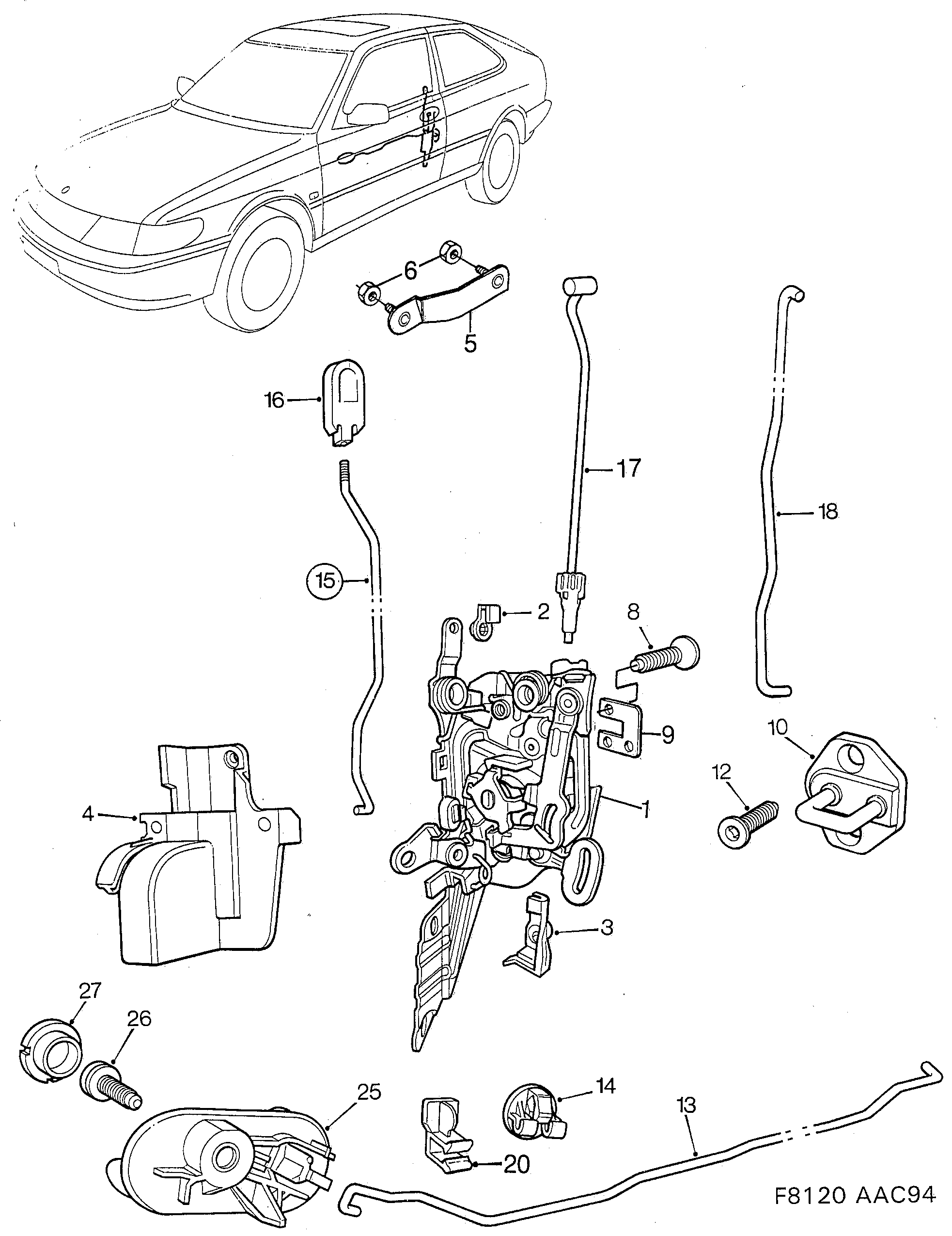 Saab 900 Door lock Front door diagram