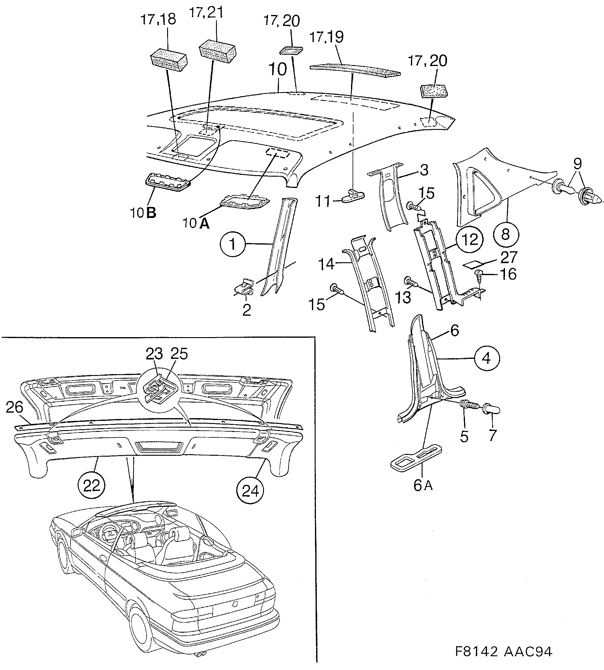 Saab 900 Head- and pillar lining diagram