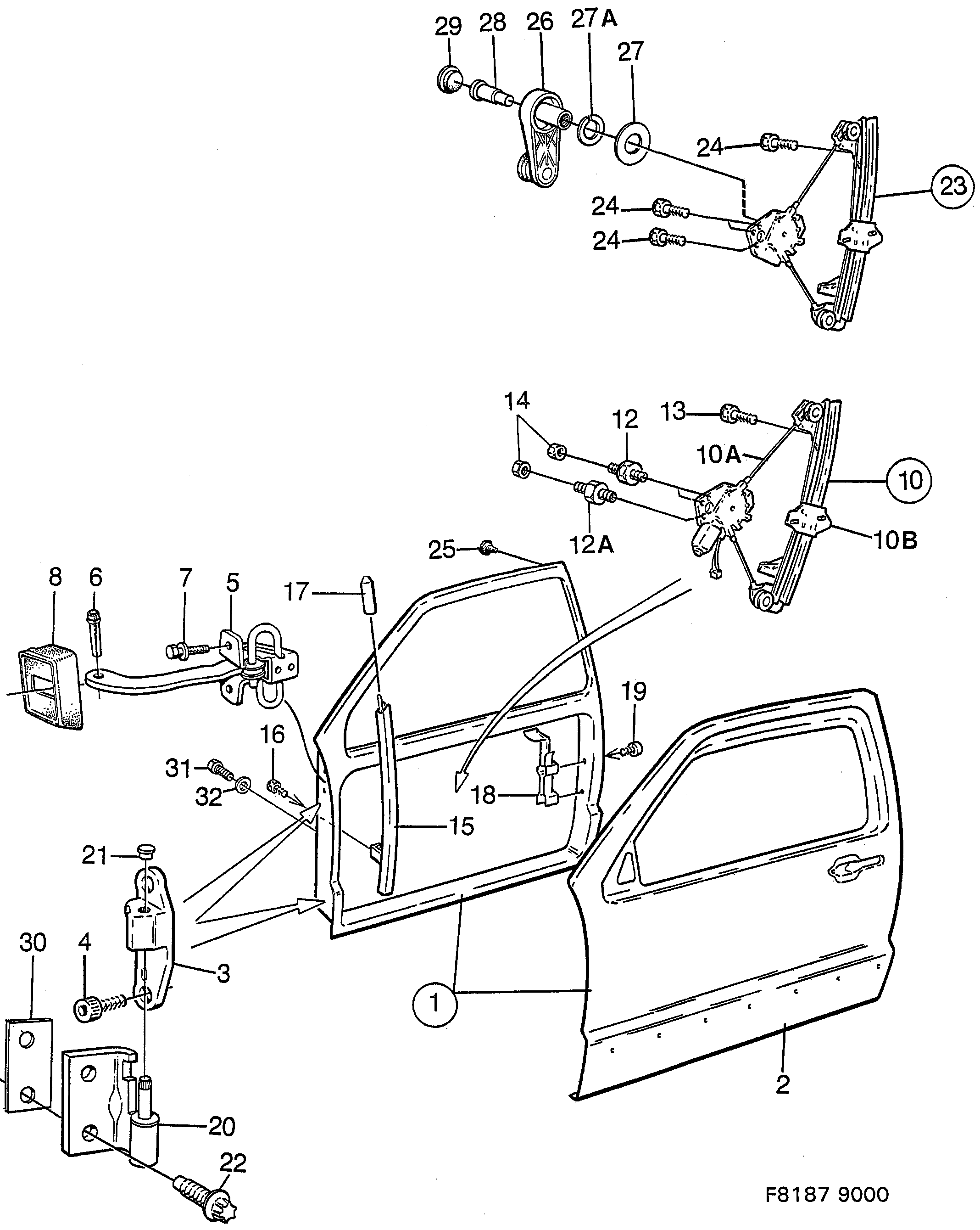 Saab 9000 Front doors, hinges, window regulators diagram