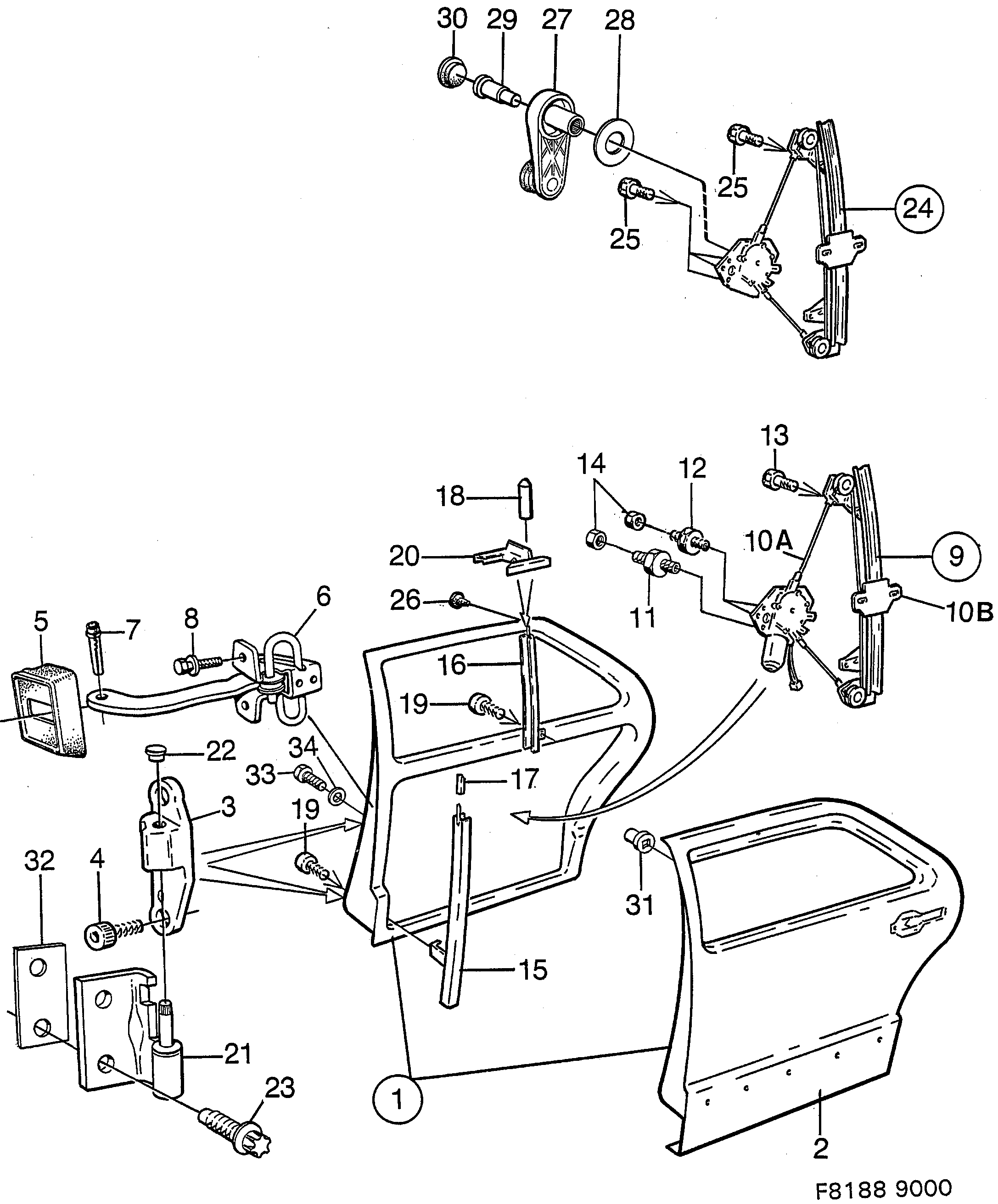 Saab 9000 Rear doors, hinges, window regulators diagram