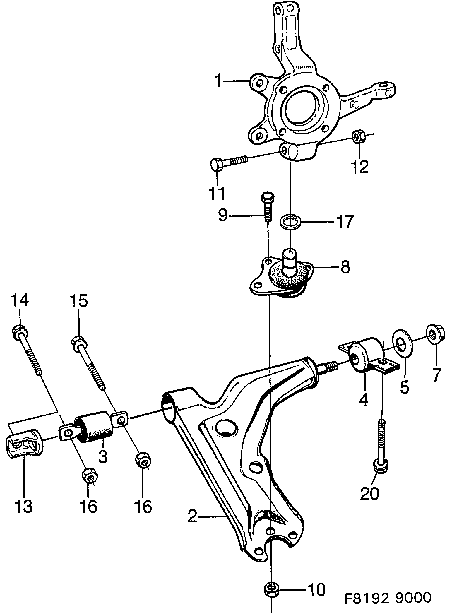 Saab 9000 Front wheel suspension diagram