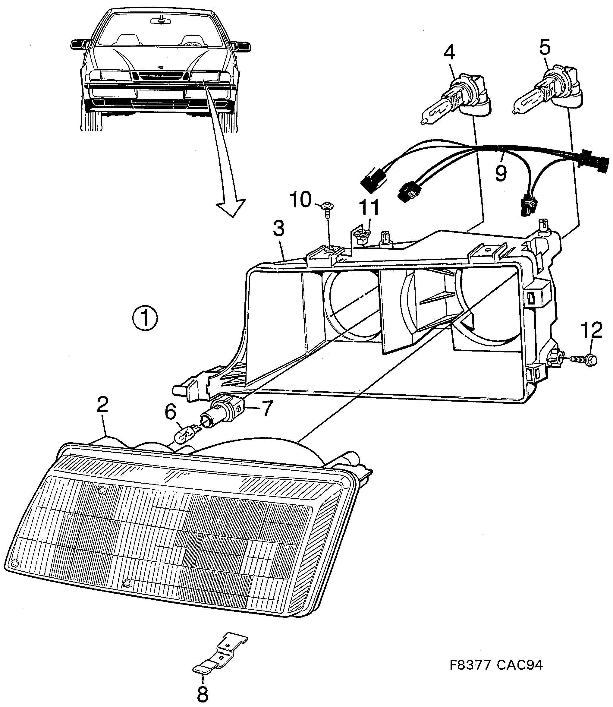 Saab 9000 Headlamp, sealed beam diagram