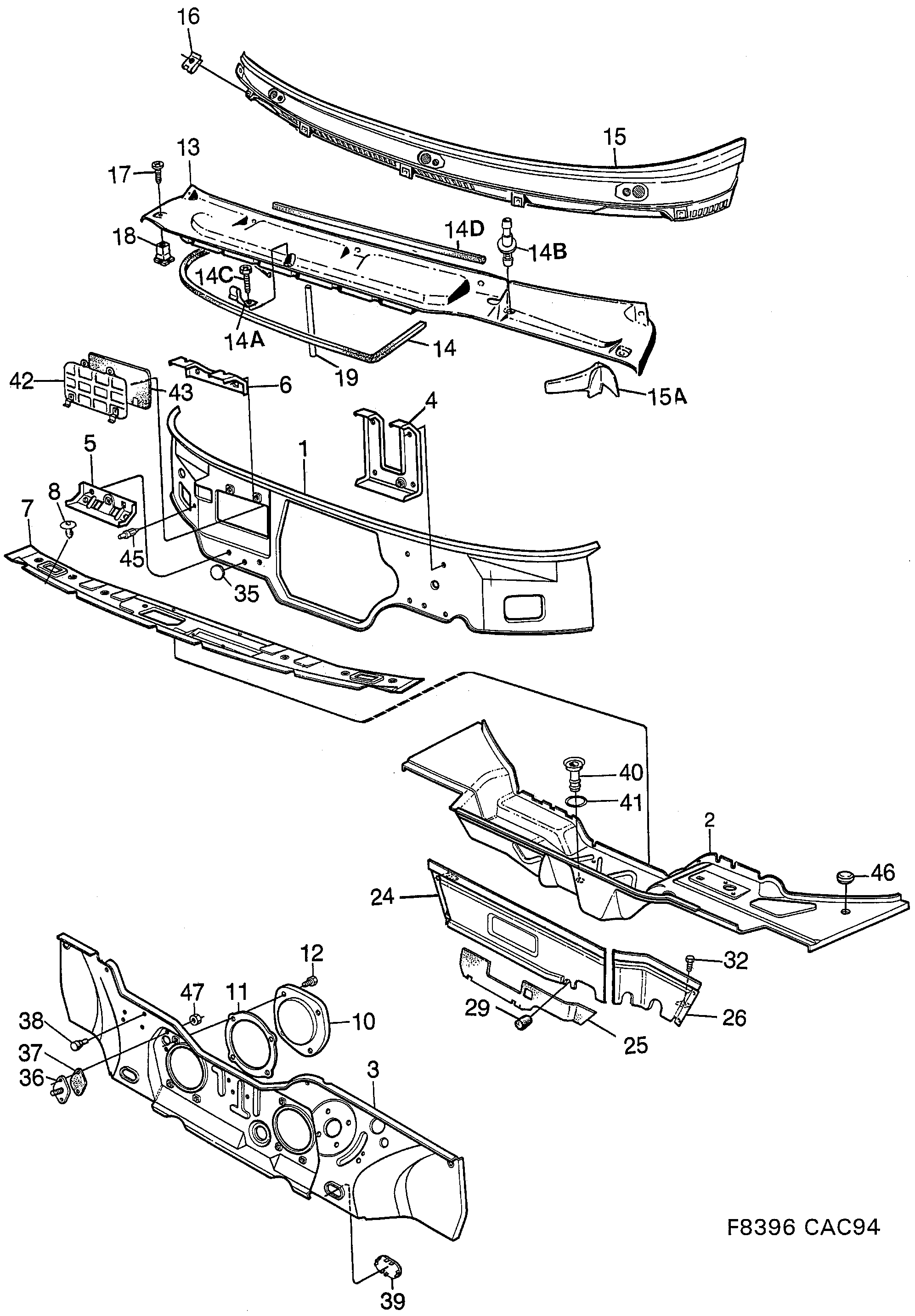 Saab 9000 Cowl plate diagram