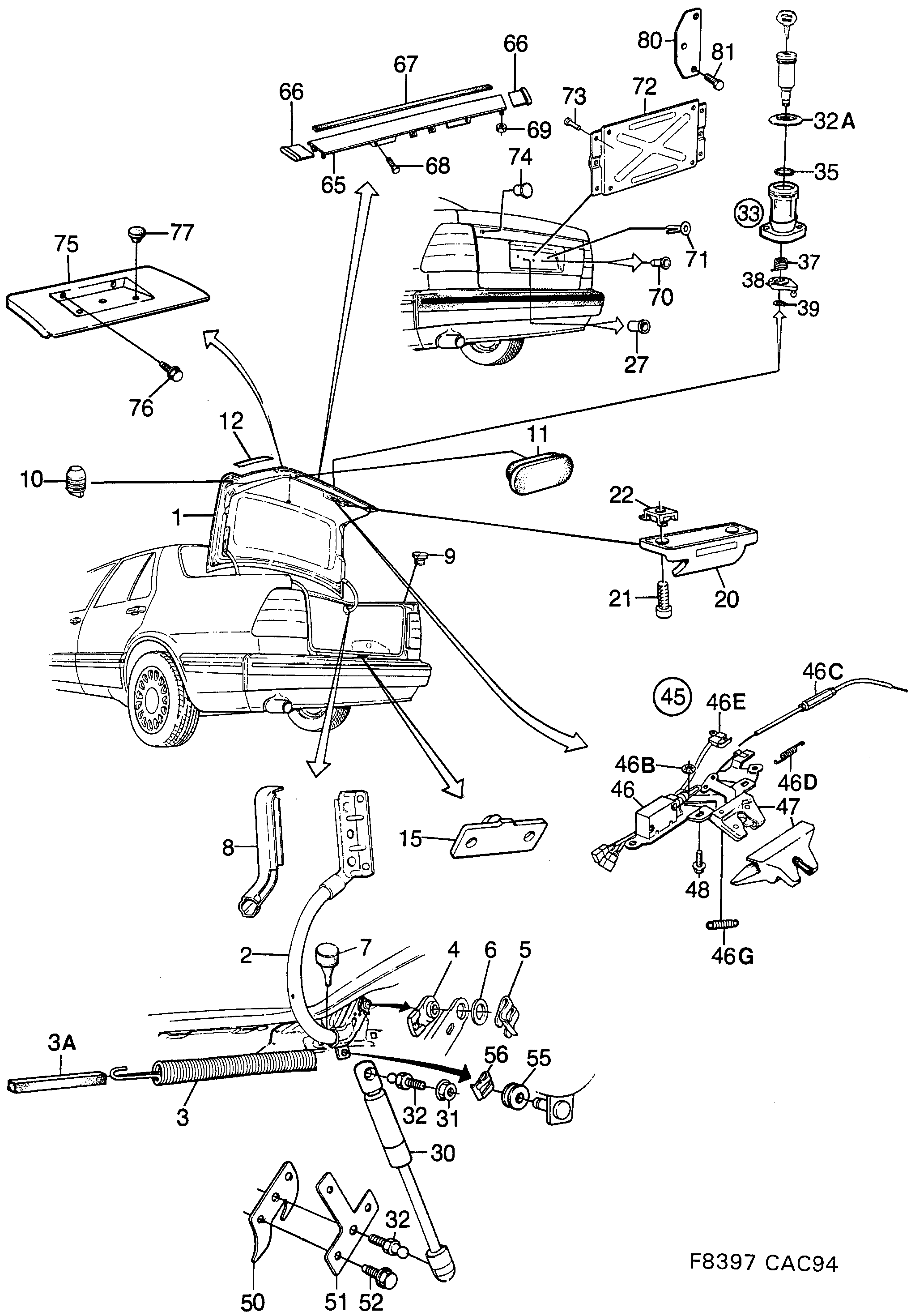Saab 9000 Trunk lid, hinges, lock diagram