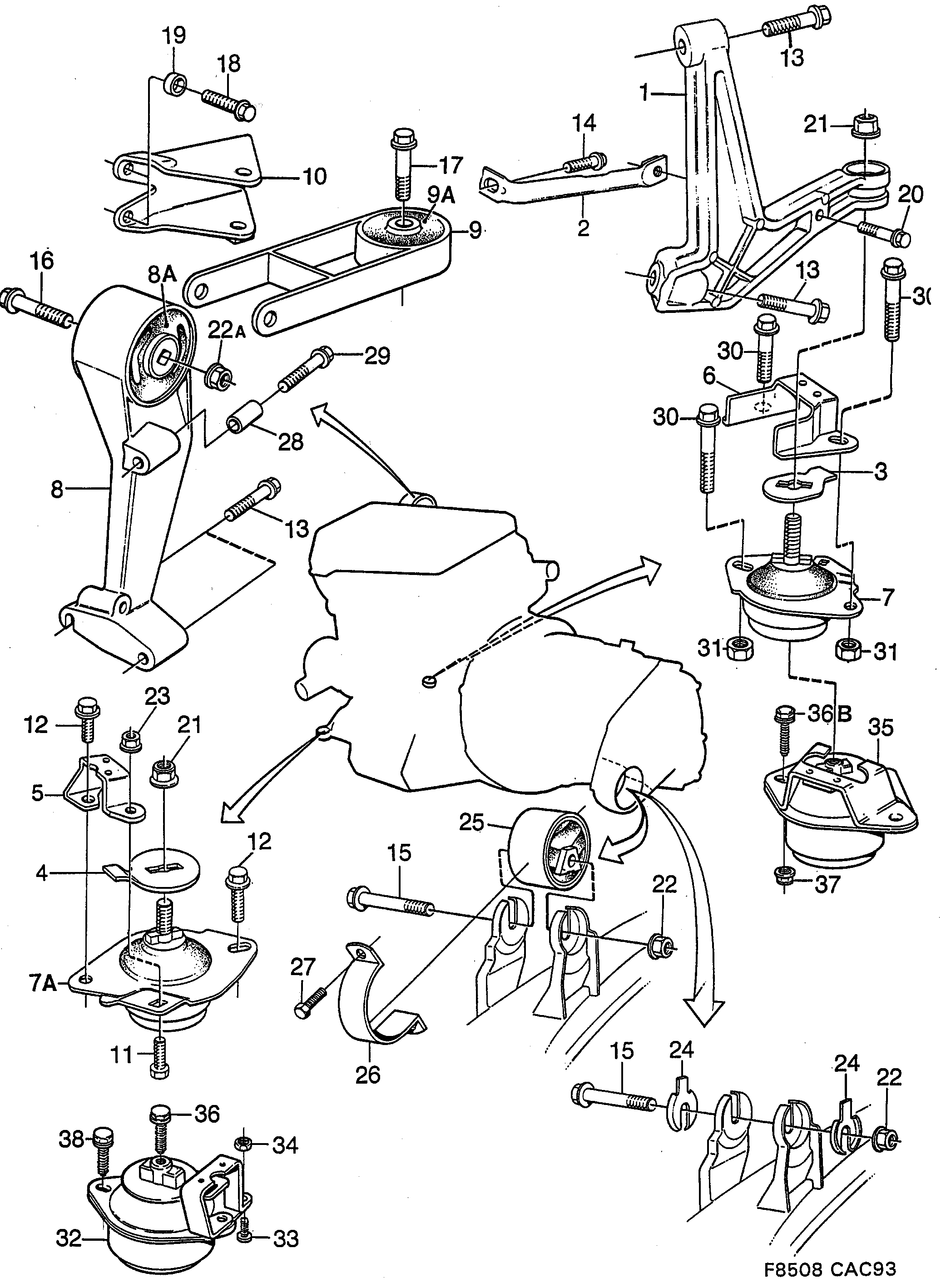 Saab 9000 Engine suspension diagram