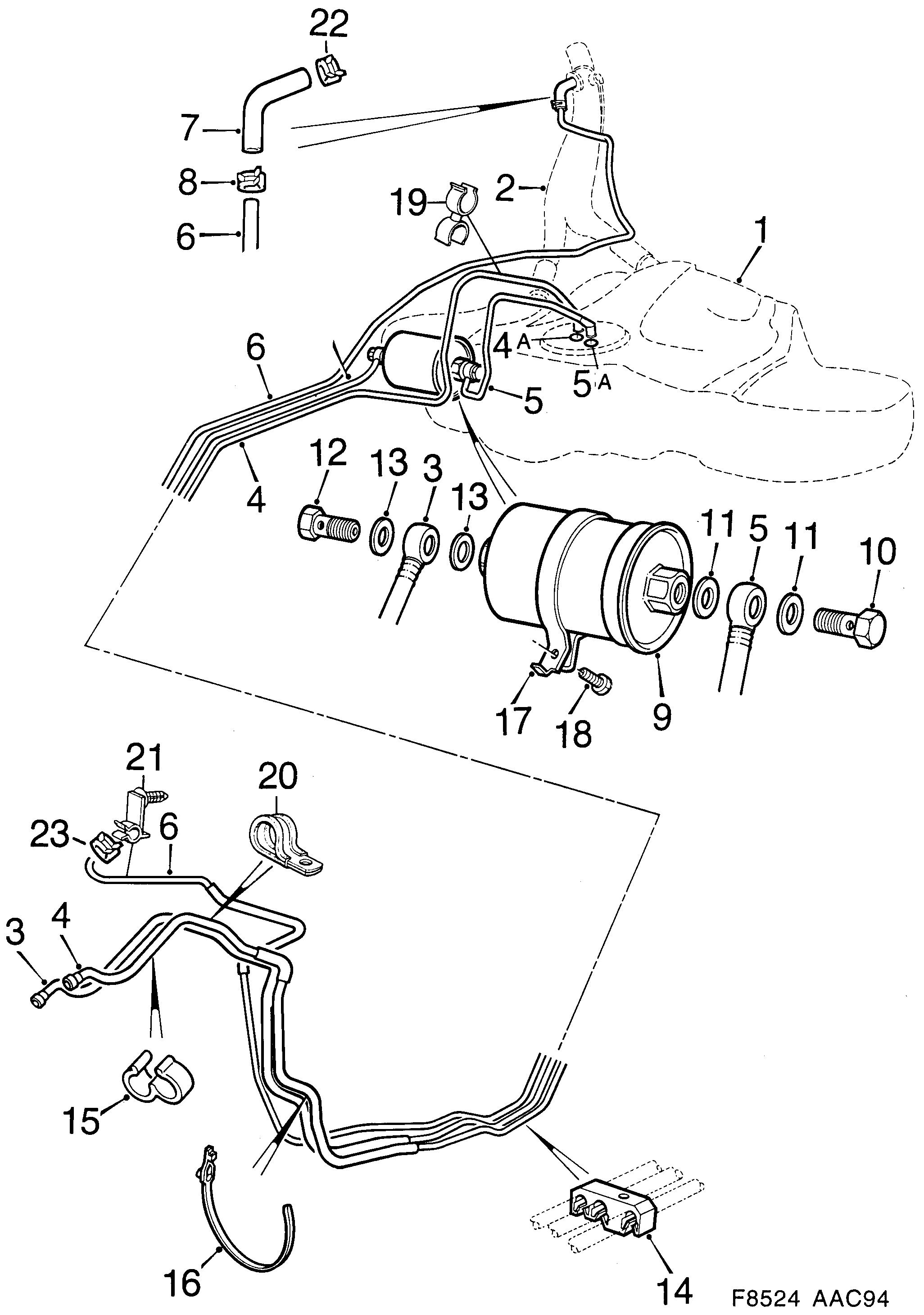 Saab 900 Fuel pipe Fuel filter diagram