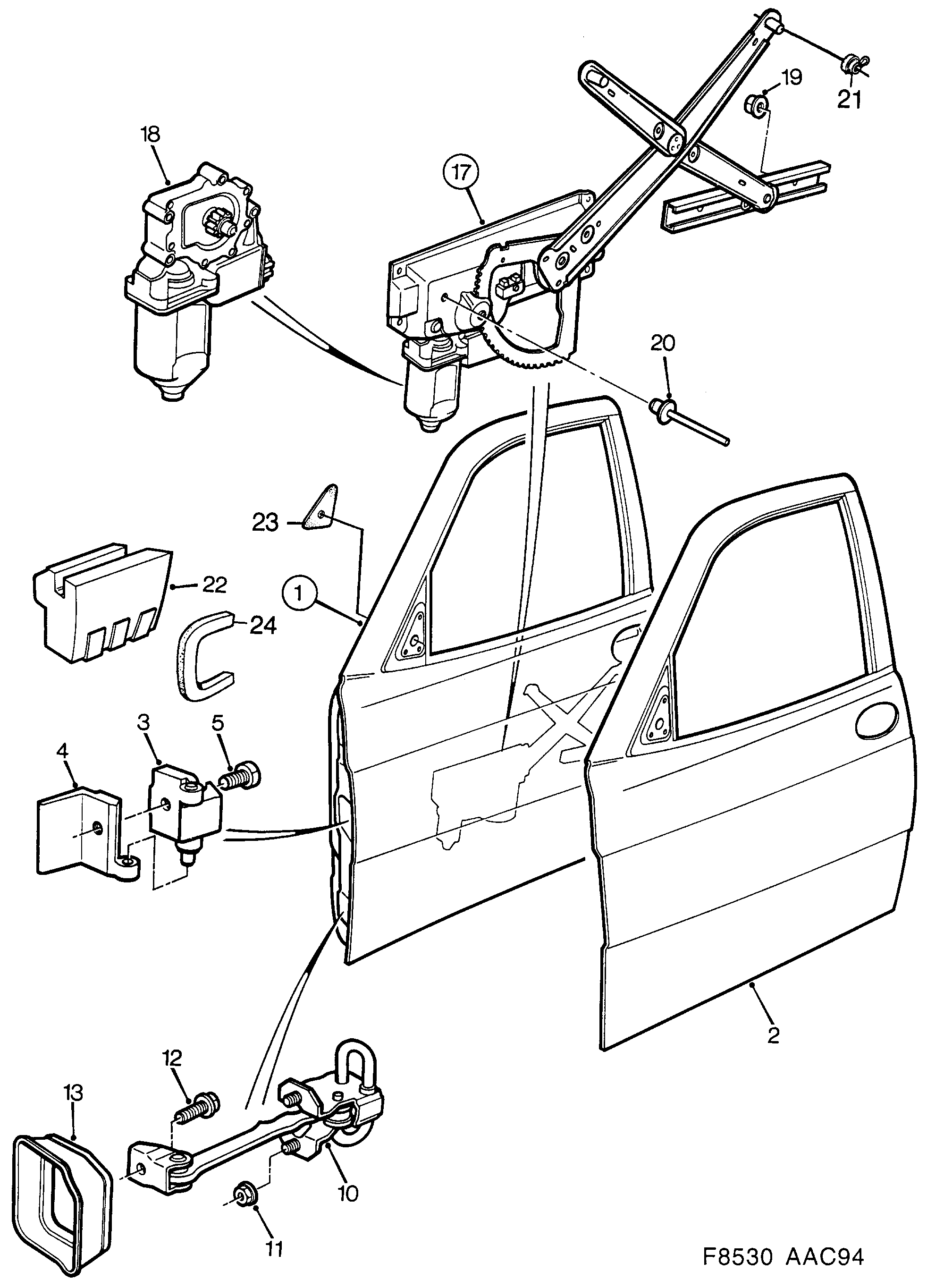 Saab 900 Front door Window regulator diagram