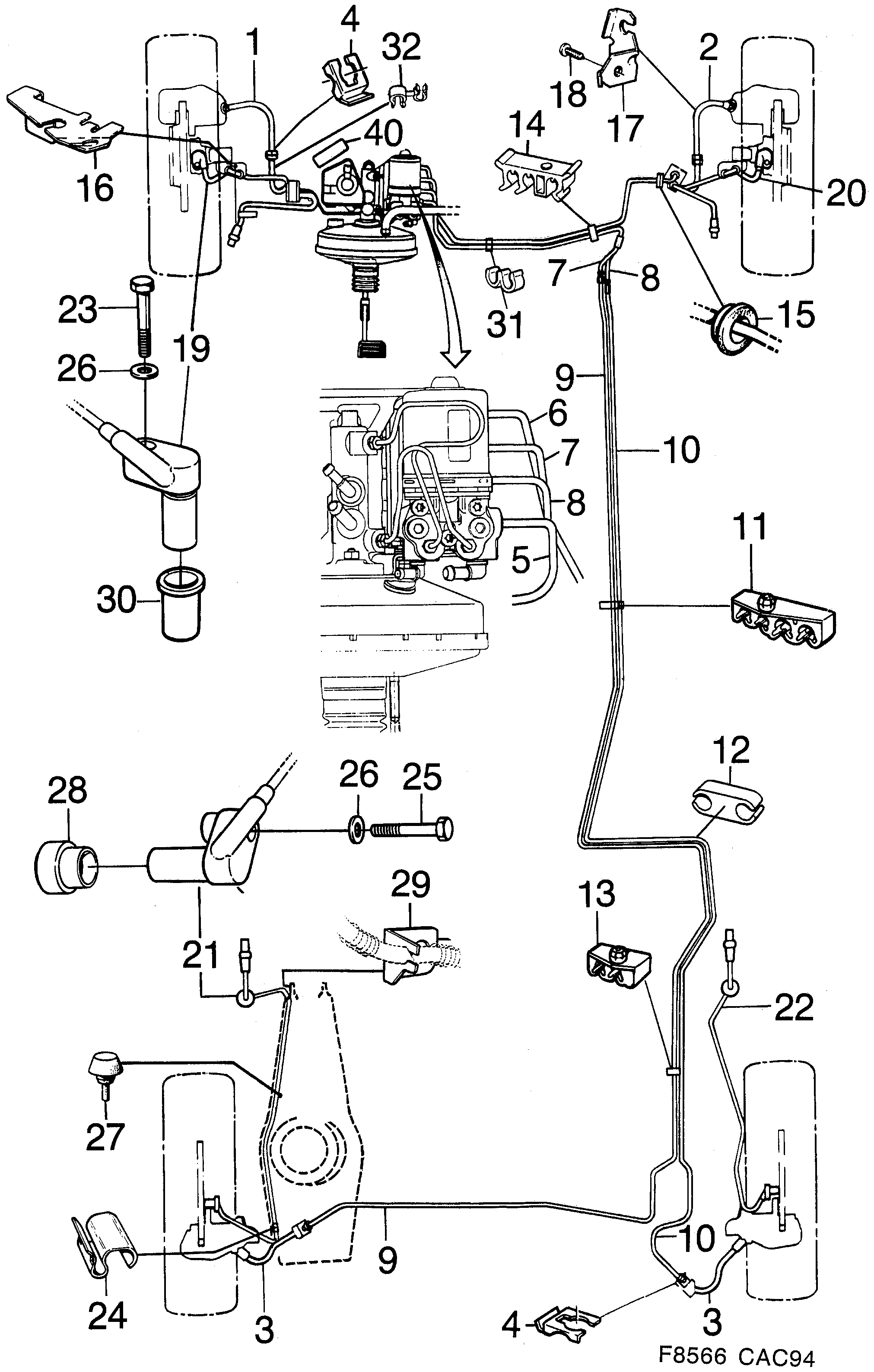 Saab 9000 Brake lines ABS Mark IV diagram