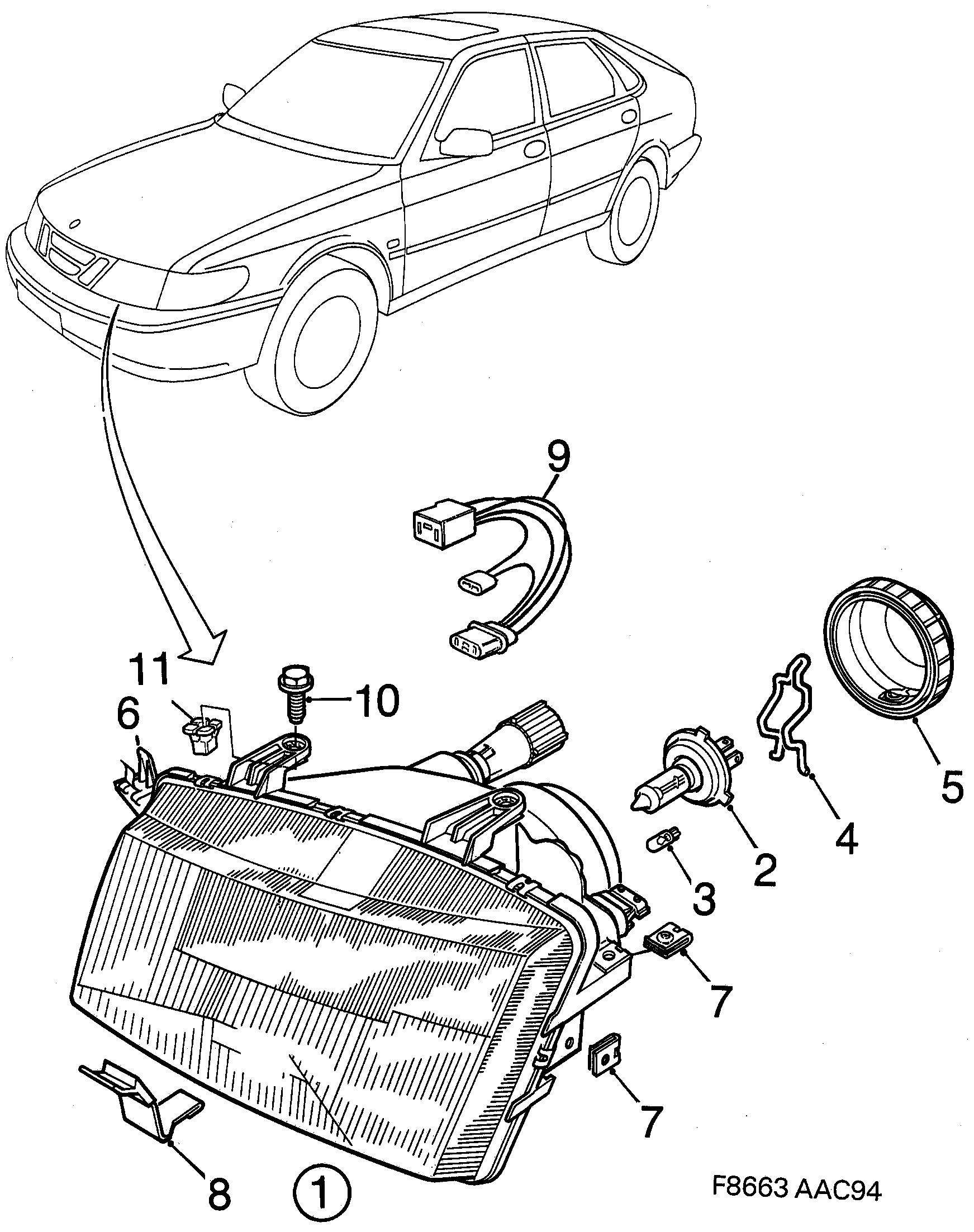 Saab 900 Headlamp diagram