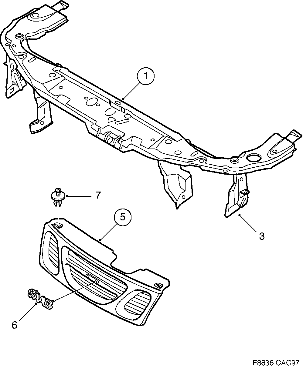 Saab 9-5 (9600) Radiator member Grille diagram