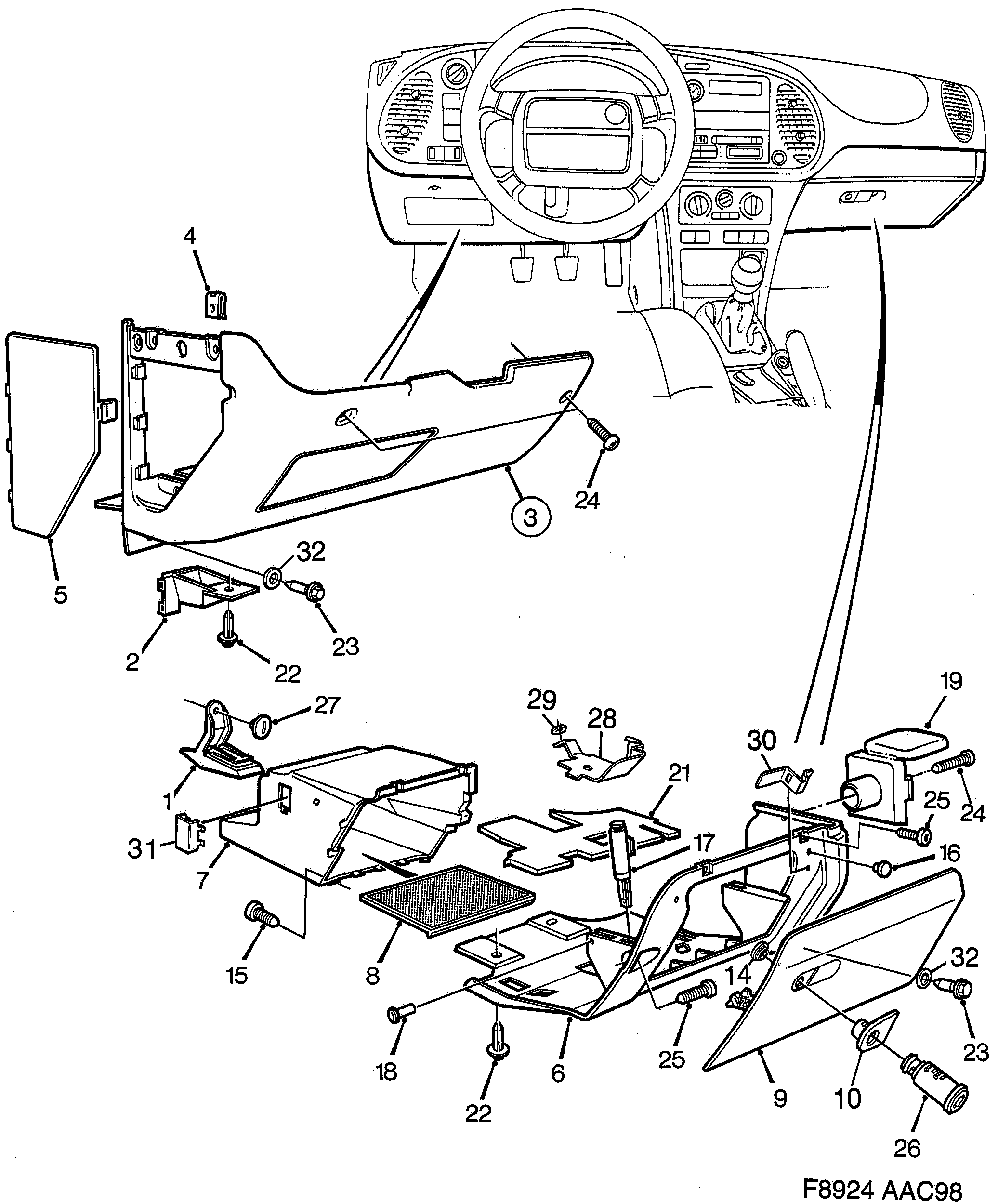 Saab 9-3 (9400) Glove compartment Panel lower diagram
