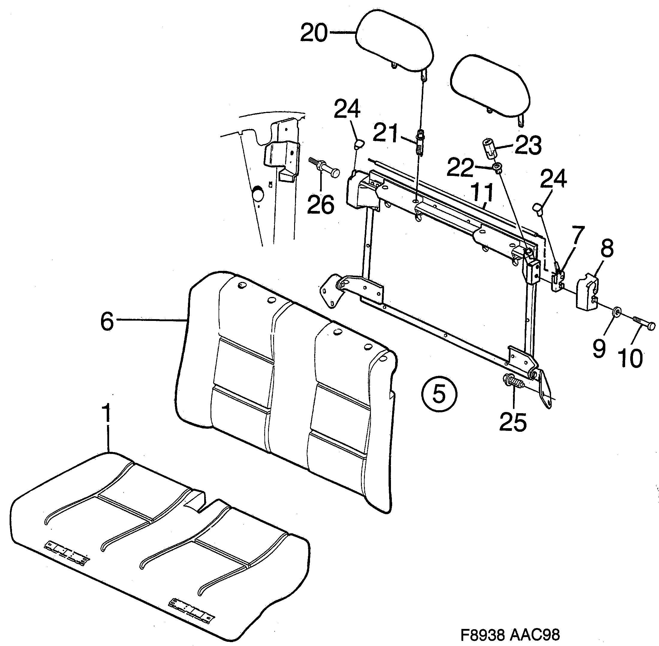 Saab 9-3 (9400) Rear seat Convertible diagram
