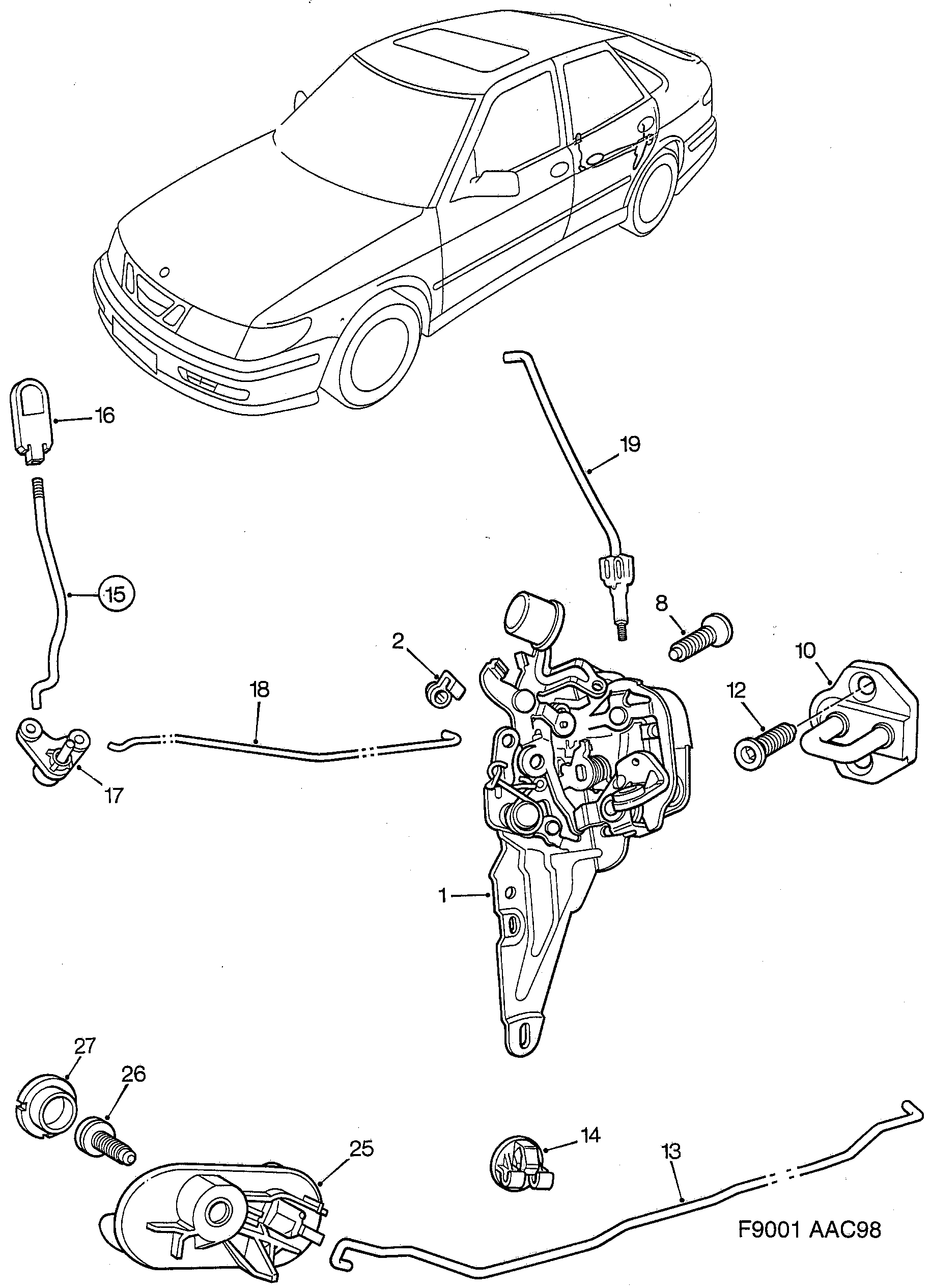 Saab 9-3 (9400) Door lock Rear door diagram
