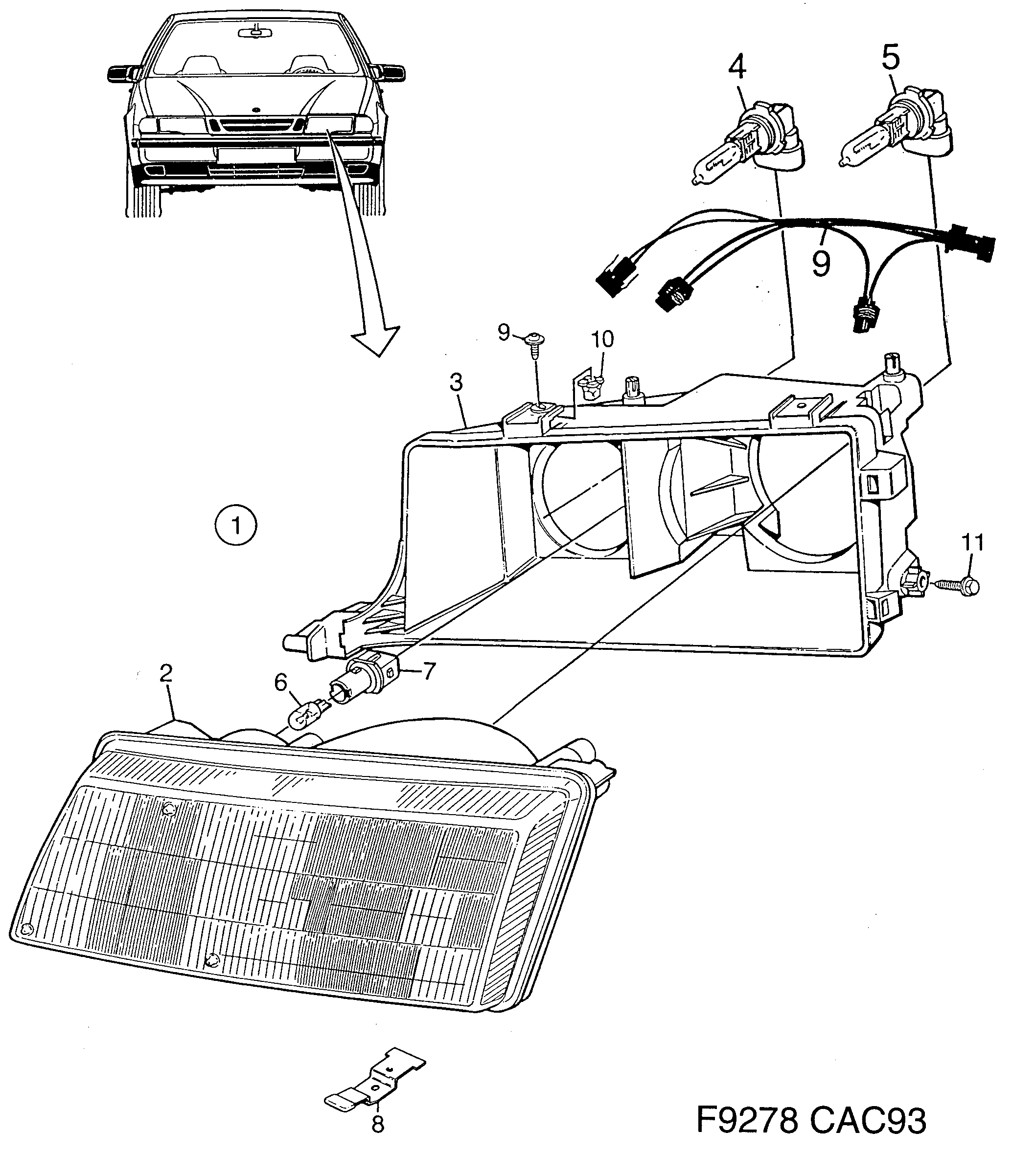 Saab 9000 Headlamp, sealed beam diagram