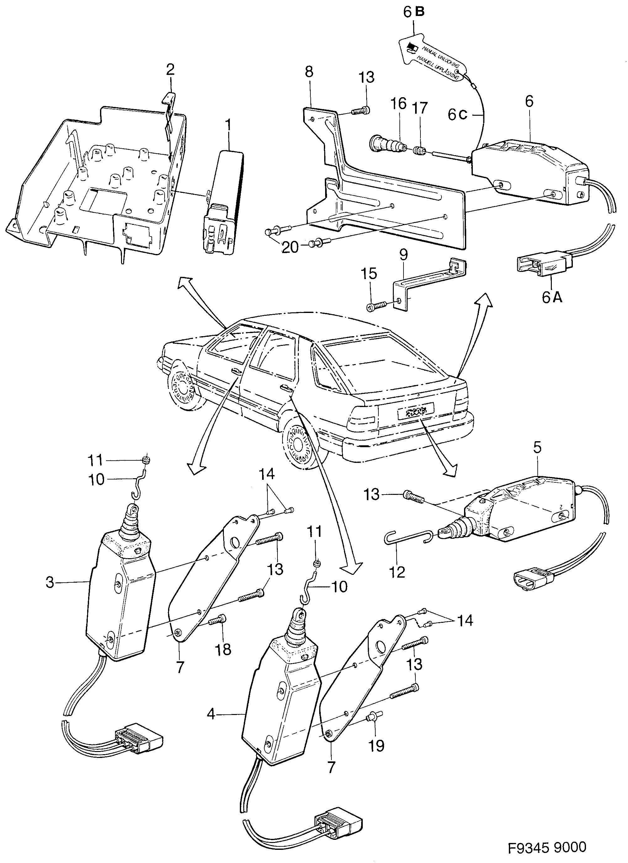 Saab 9000 Central lock diagram