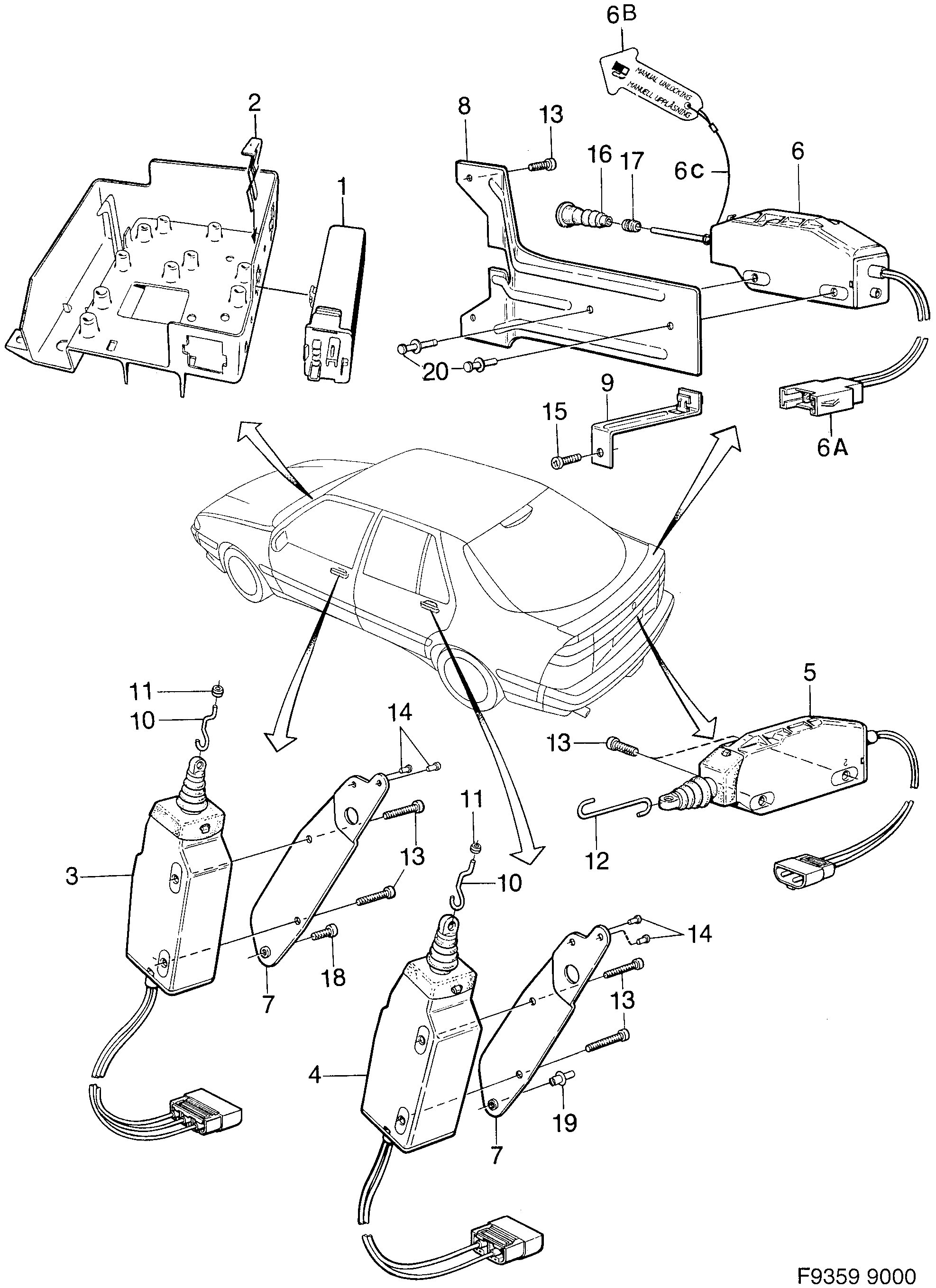 Saab 9000 Central lock diagram