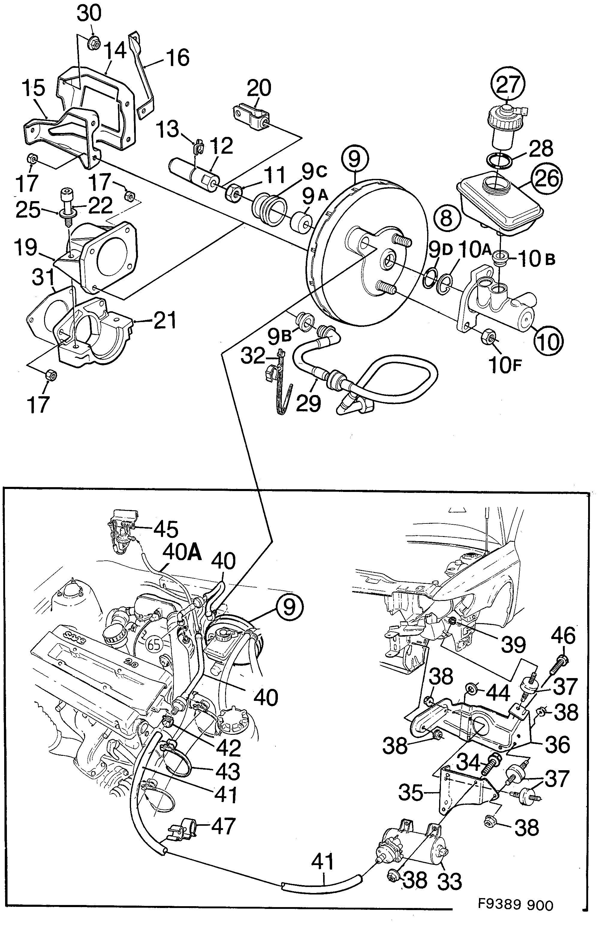 Saab 900 Master cylinder vacuum brake booster diagram