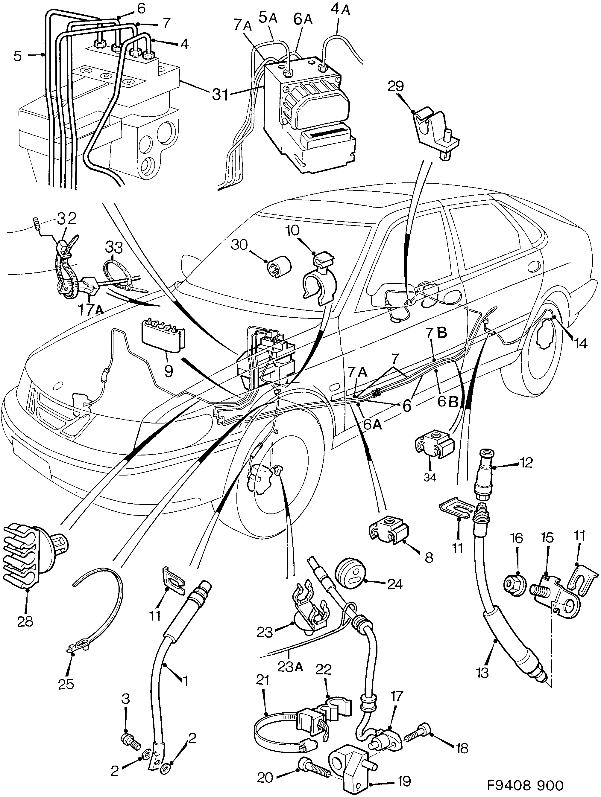 Saab 900 Brake lines ABS diagram