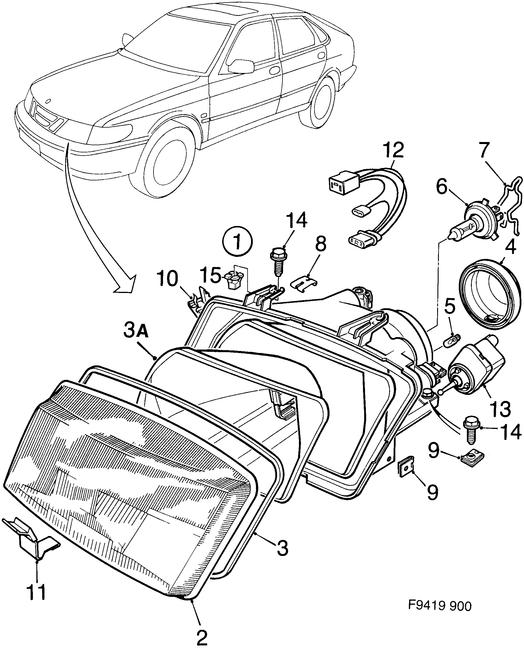 Saab 900 Headlamp diagram
