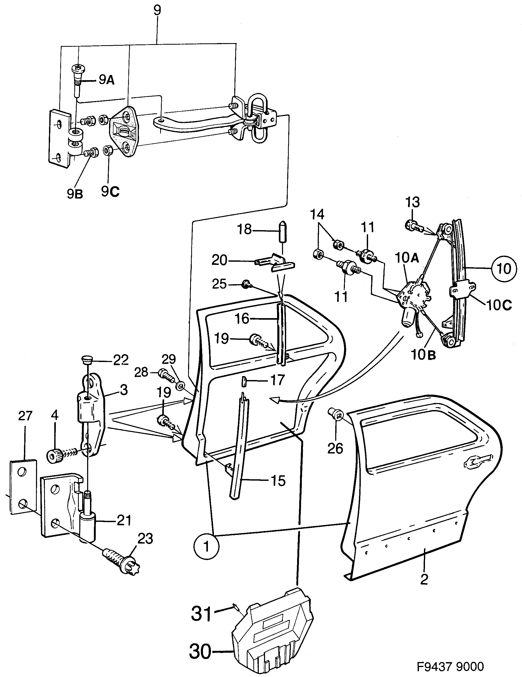 Saab 9000 Rear doors, hinges, window regulators diagram