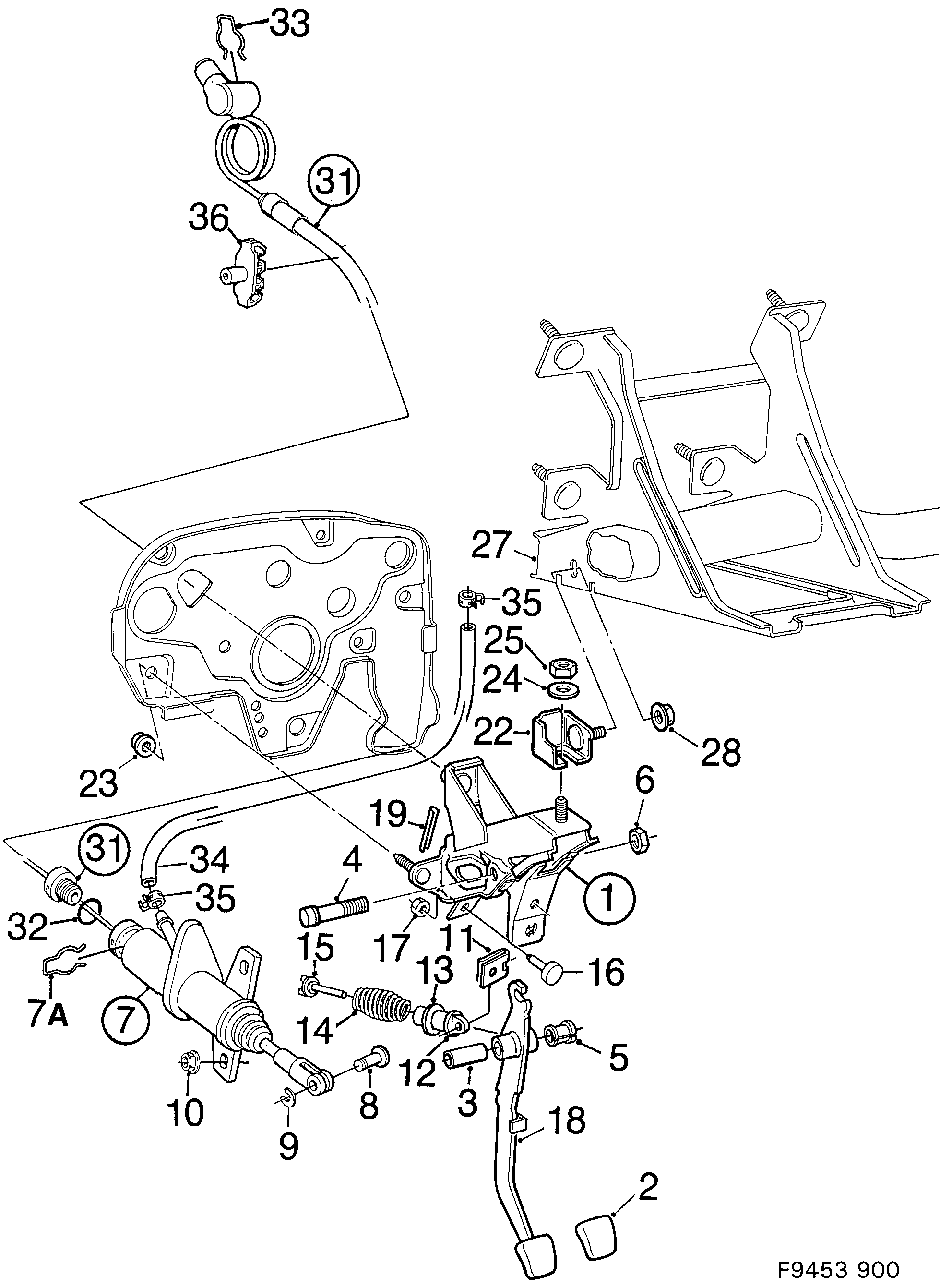Saab 900 Clutch pedal diagram