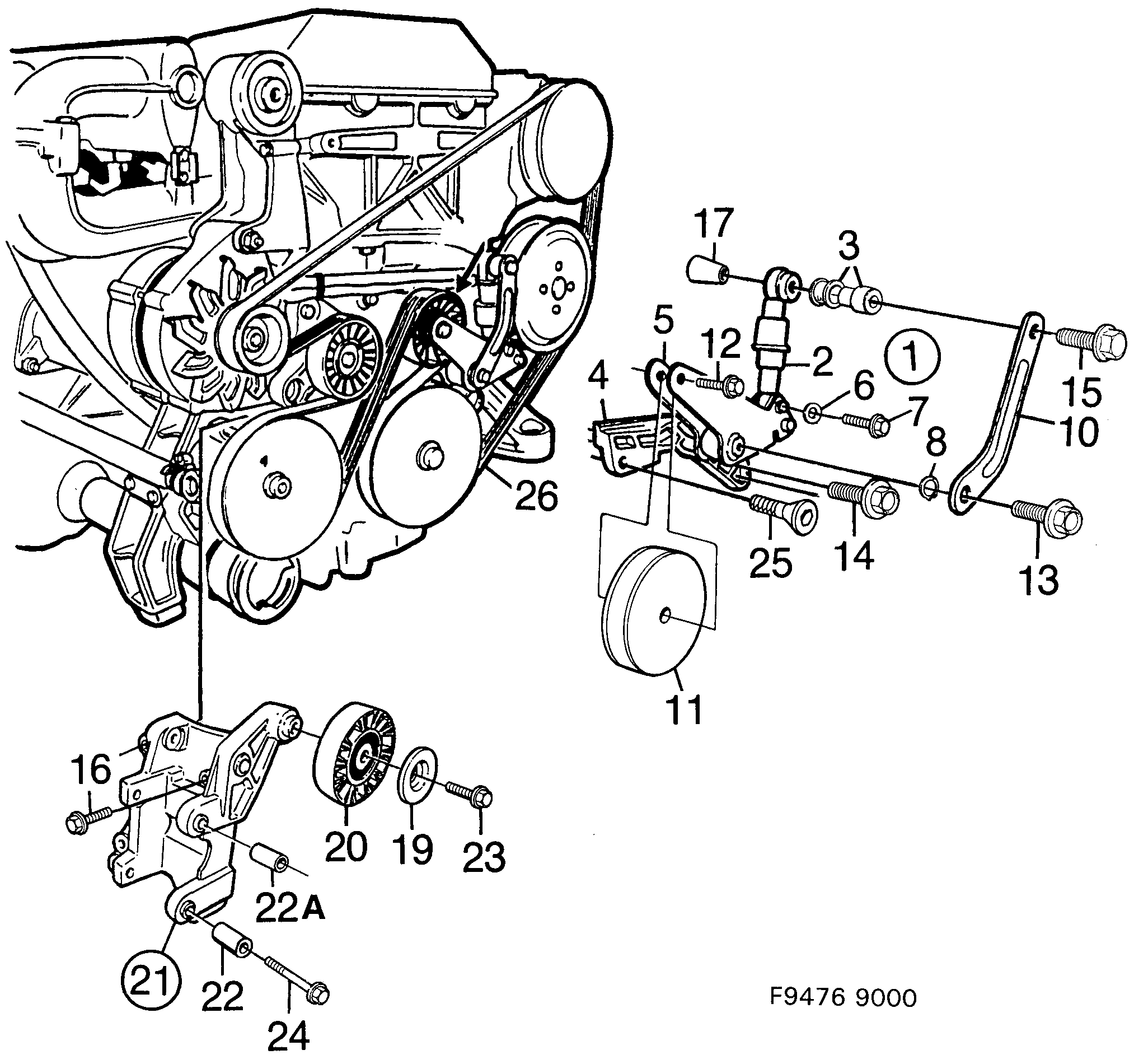 Saab 9000 Belt tensioner diagram