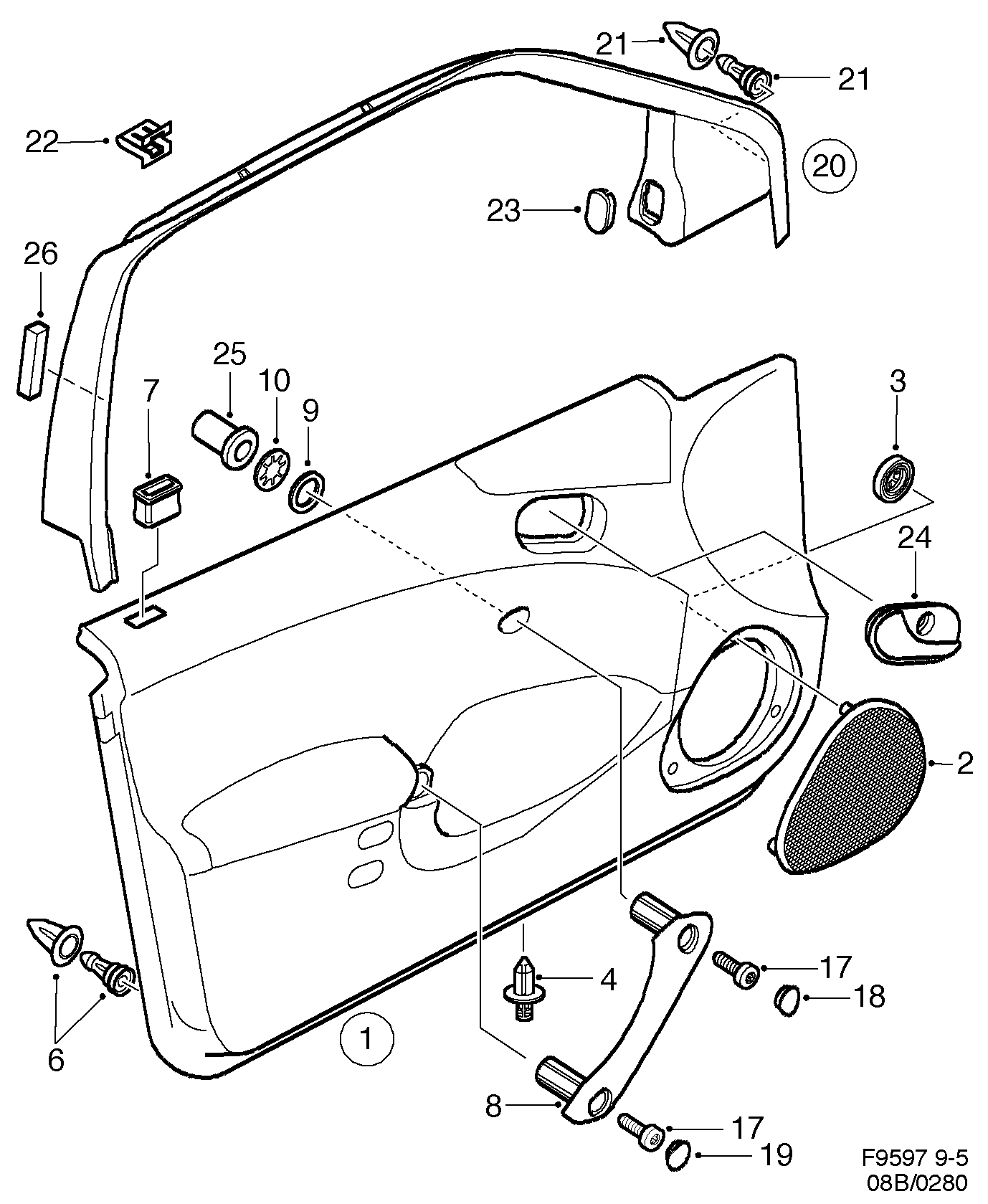 Saab 9-5 (9600) Door panel Front door diagram
