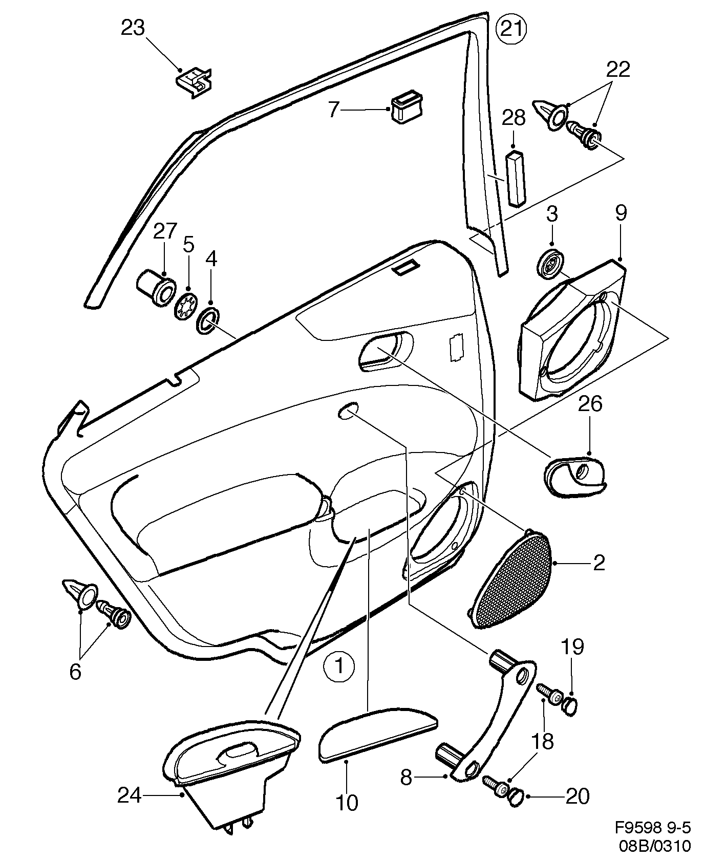 Saab 9-5 (9600) Door panel Rear door diagram