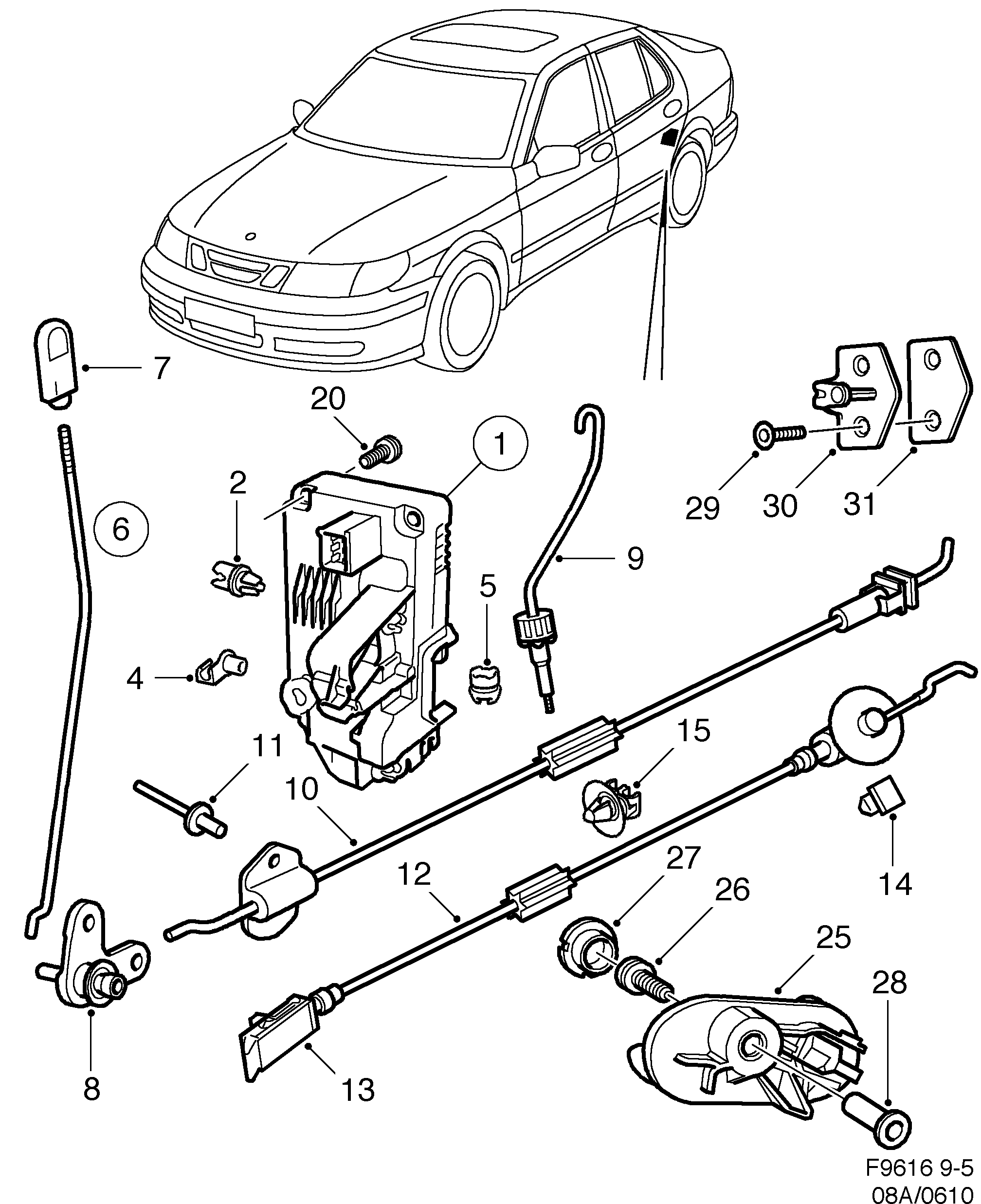 Saab 9-5 (9600) Door lock Rear door diagram