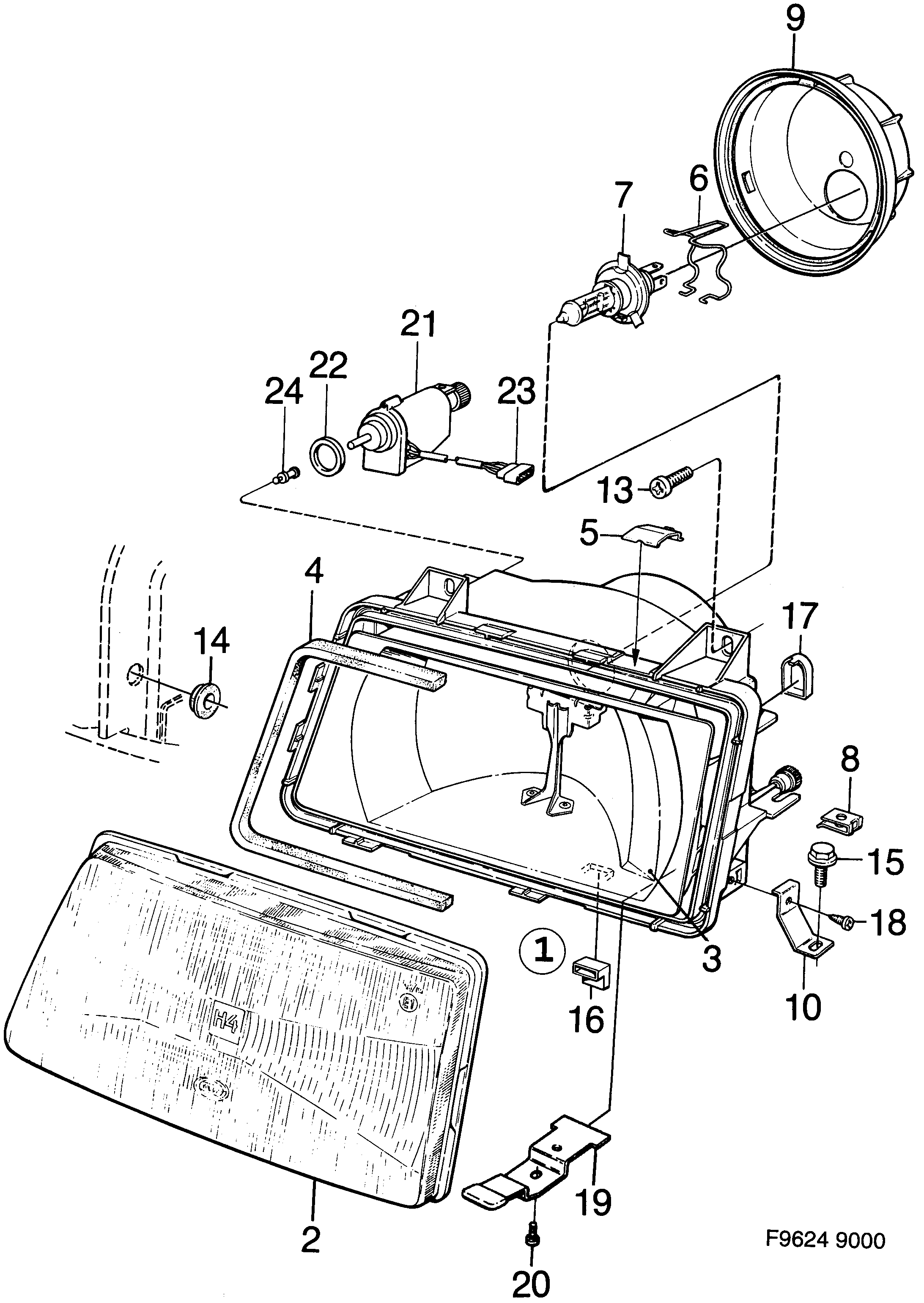Saab 9000 Headlamp diagram