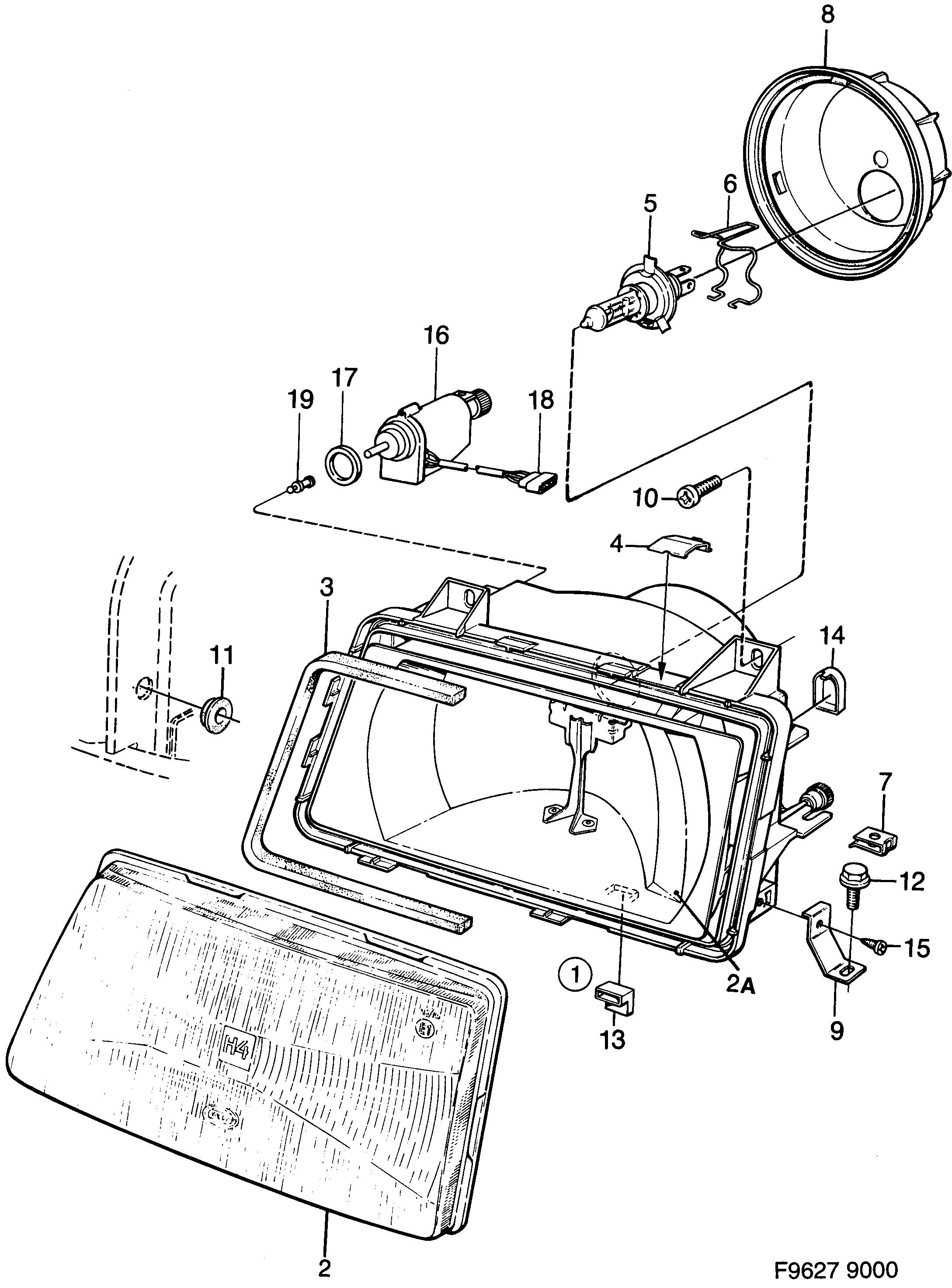 Saab 9000 Headlamp diagram