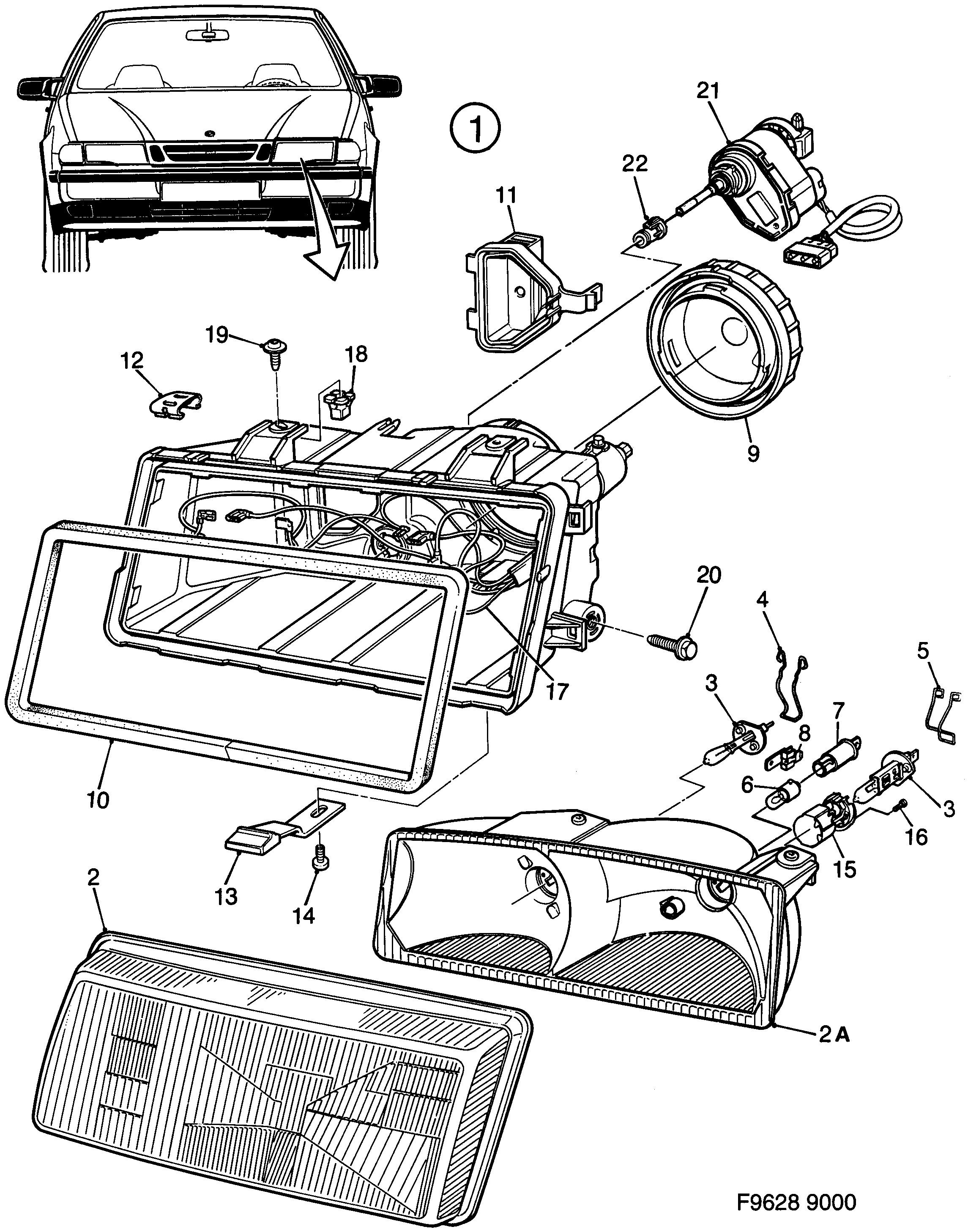 Saab 9000 Headlamp diagram