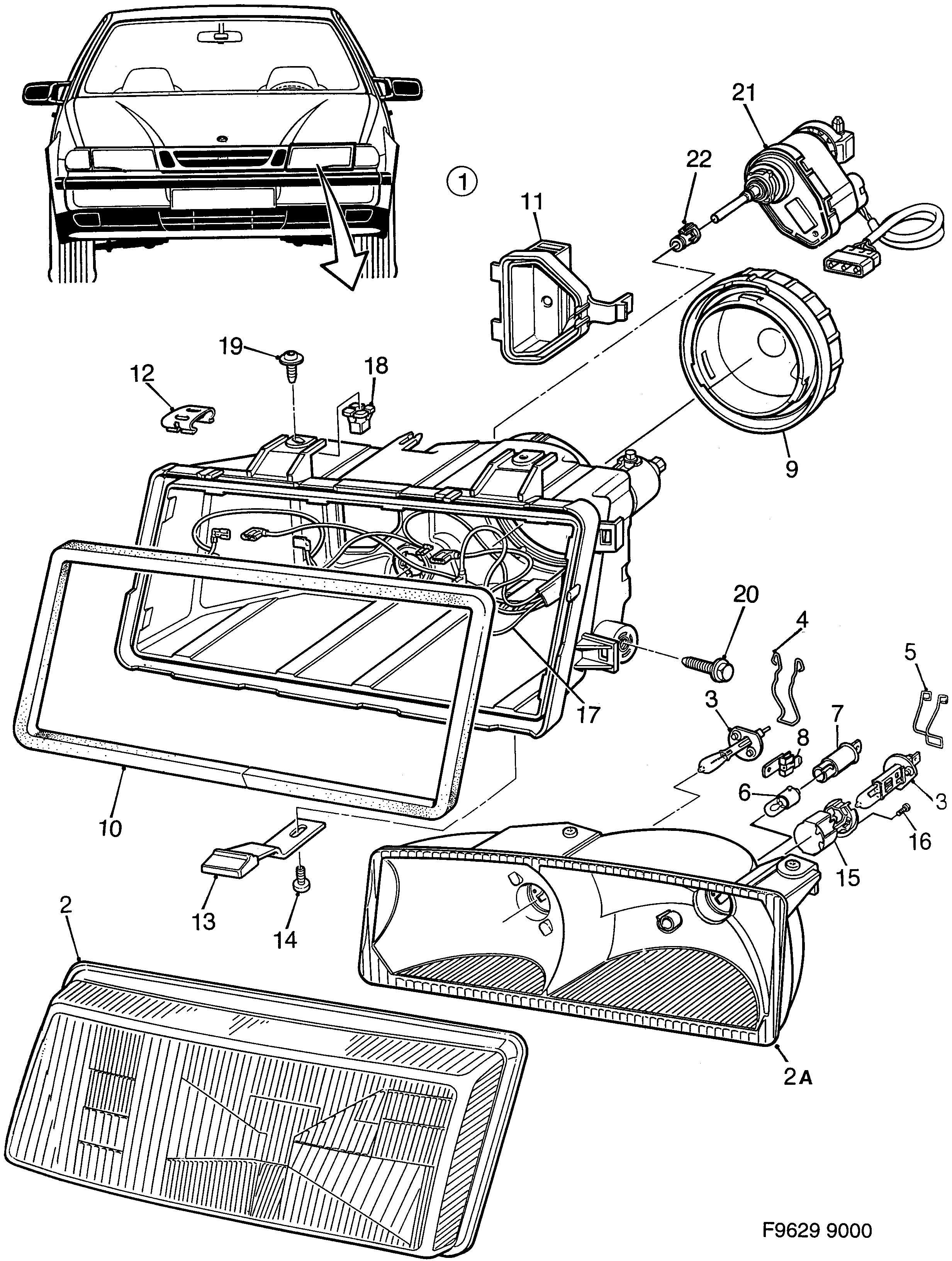Saab 9000 Headlamp diagram