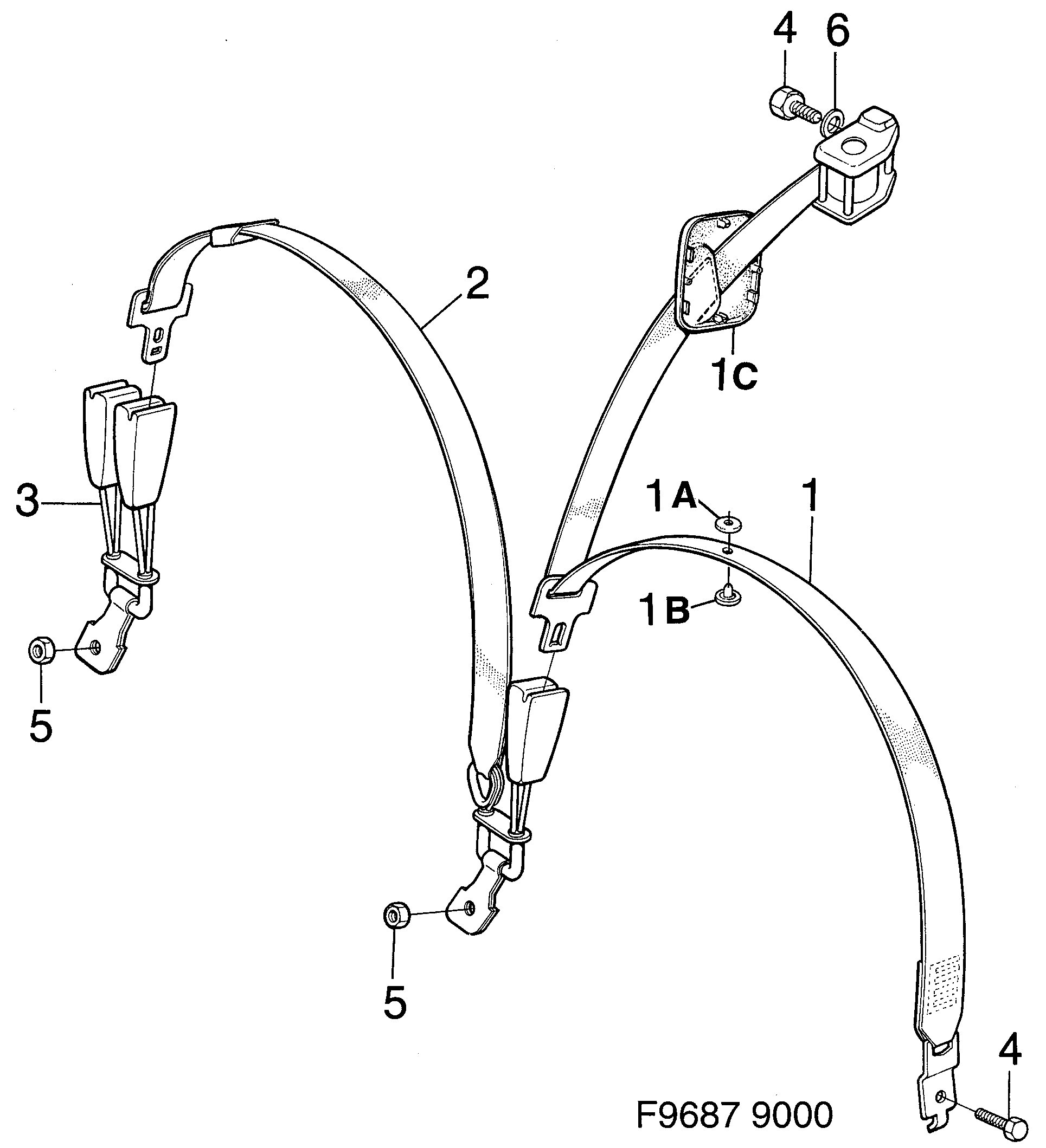 Saab 9000 Safety belt, rear seat diagram