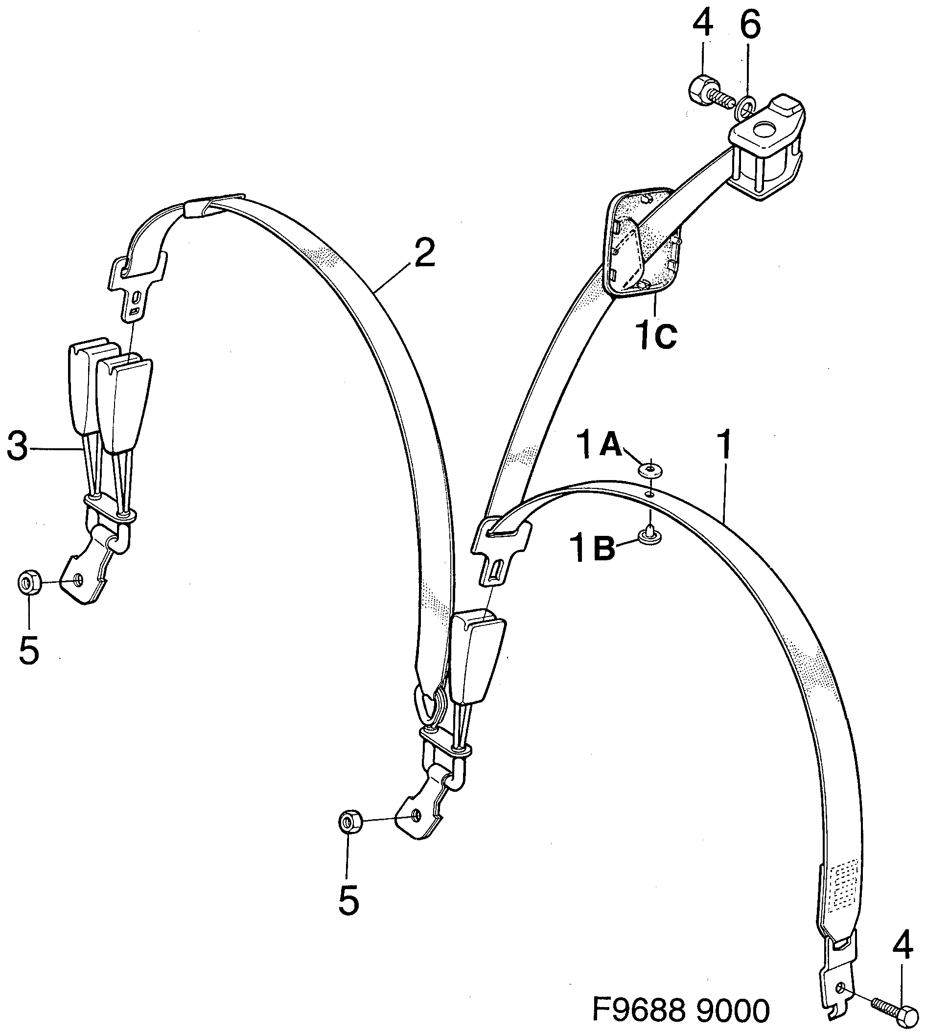 Saab 9000 Safety belt, rear seat diagram