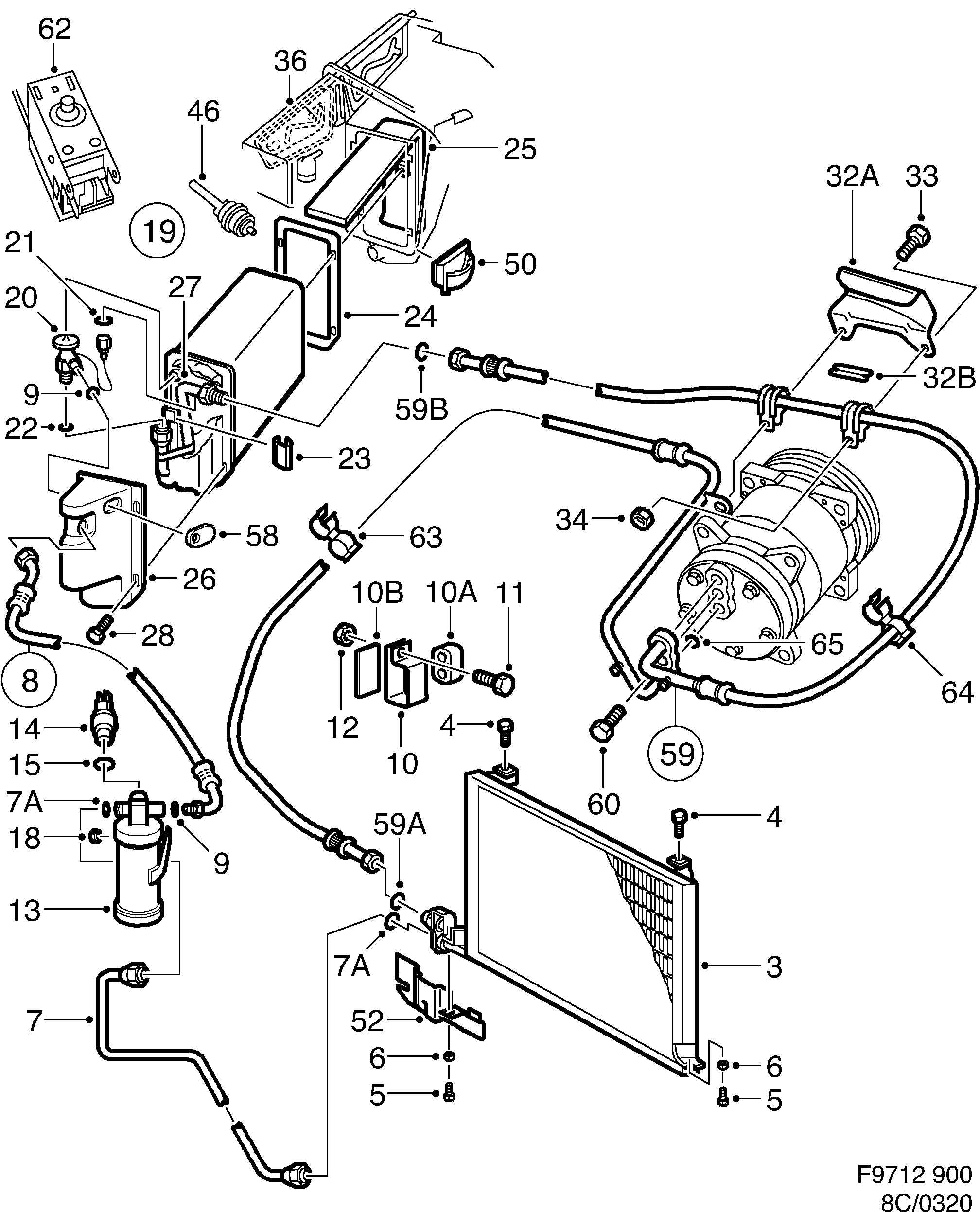Saab 900 AC evaporator Sanden diagram