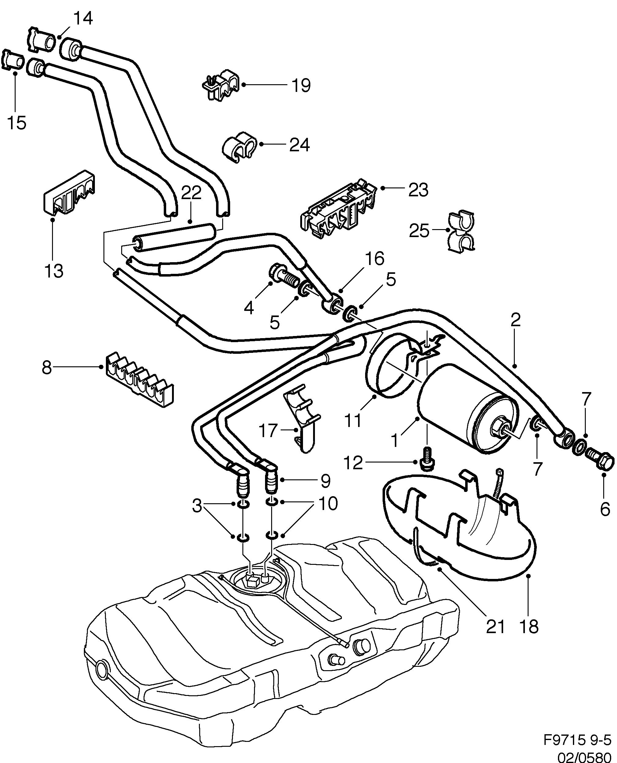Saab 9-5 (9600) Fuel pipe Fuel filter diagram