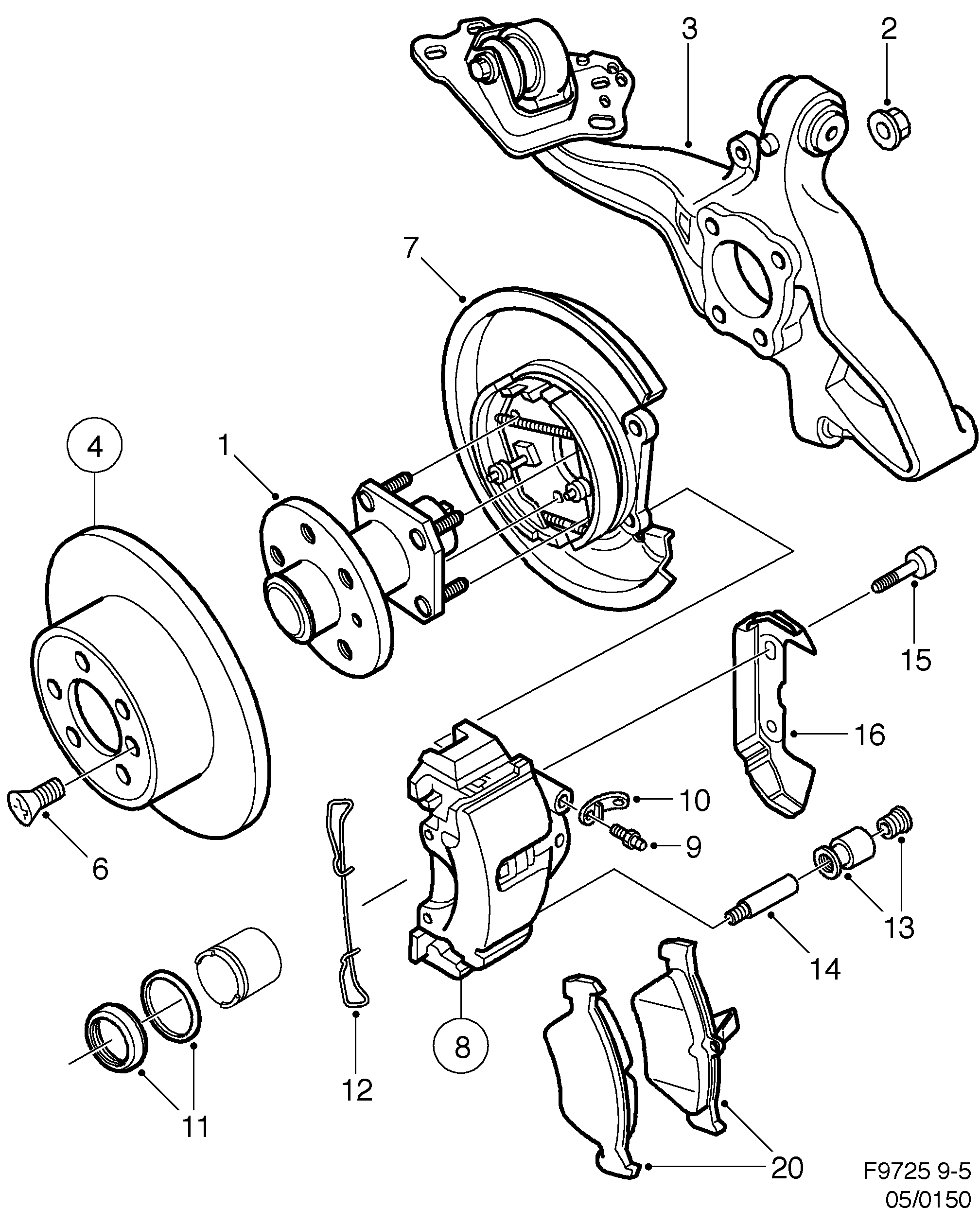 Saab 9-5 (9600) Rear wheel brake diagram
