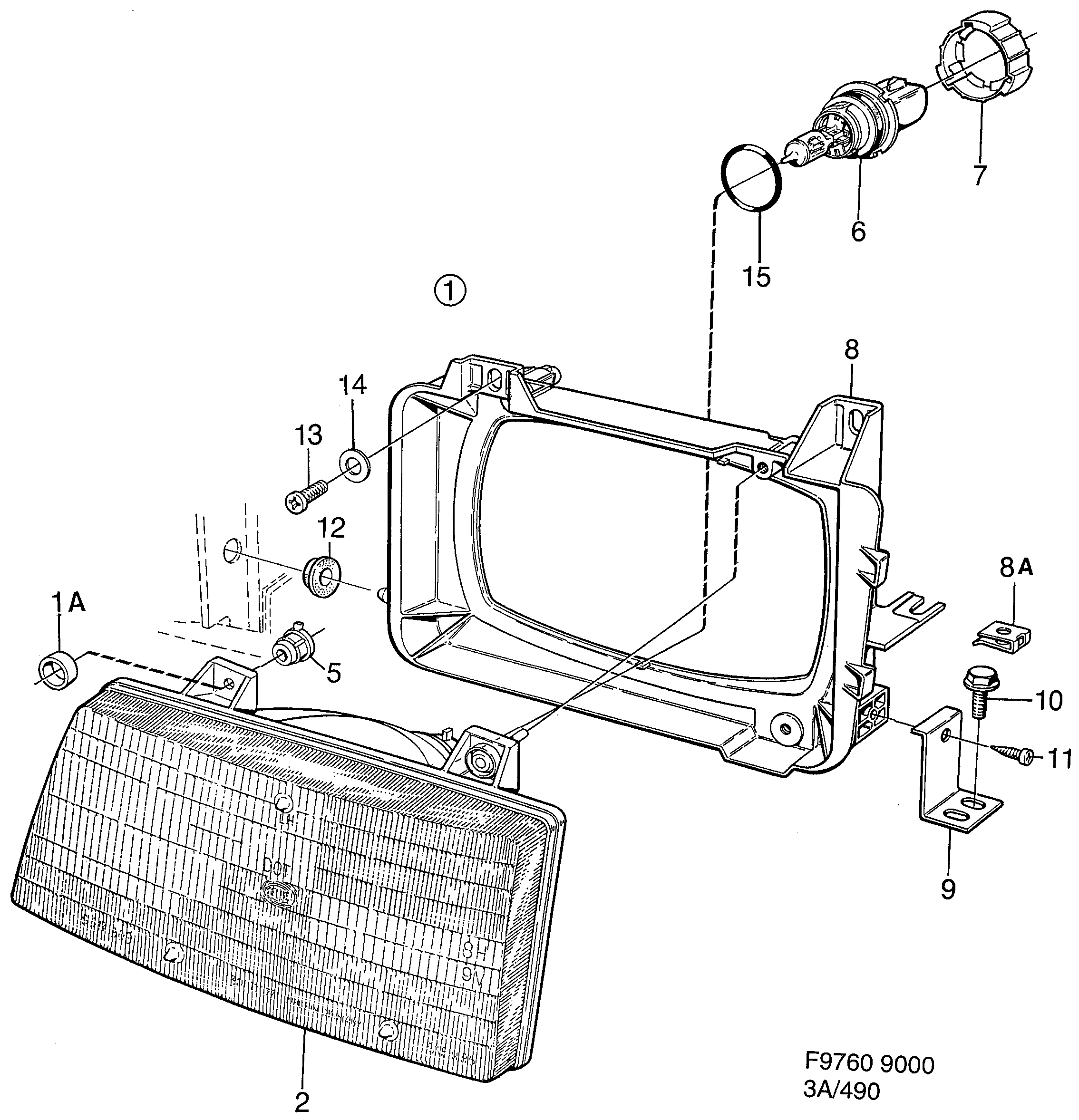 Saab 9000 Headlamp, sealed beam diagram