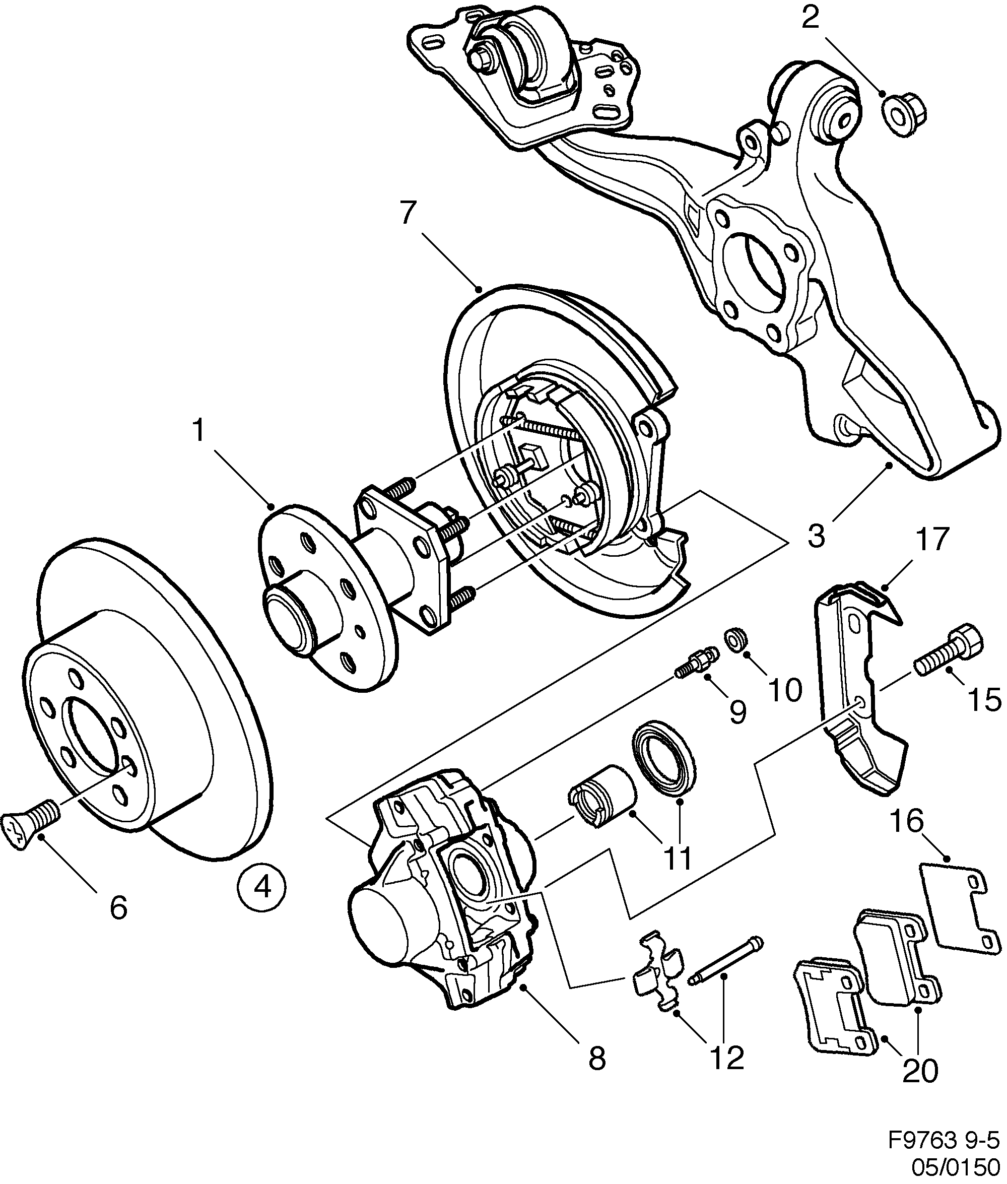 Saab 9-5 (9600) Rear wheel brake diagram