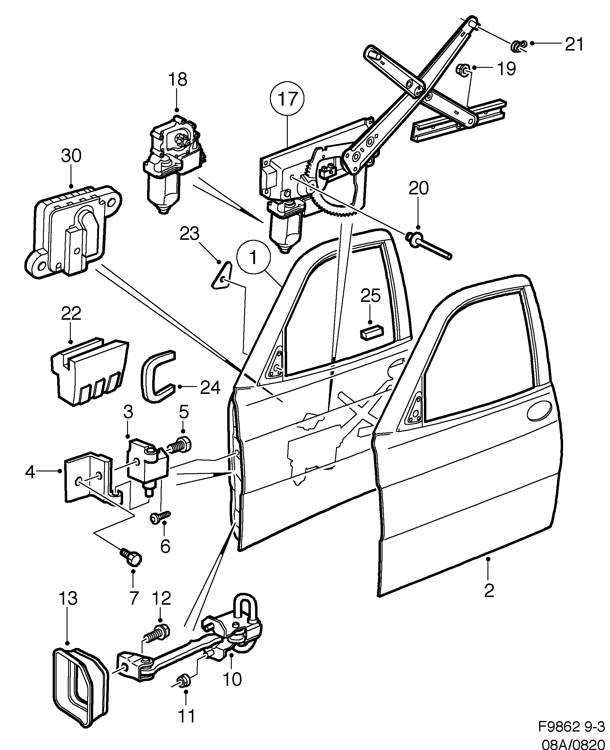 Saab 9-3 (9400) Front door Window regulator diagram
