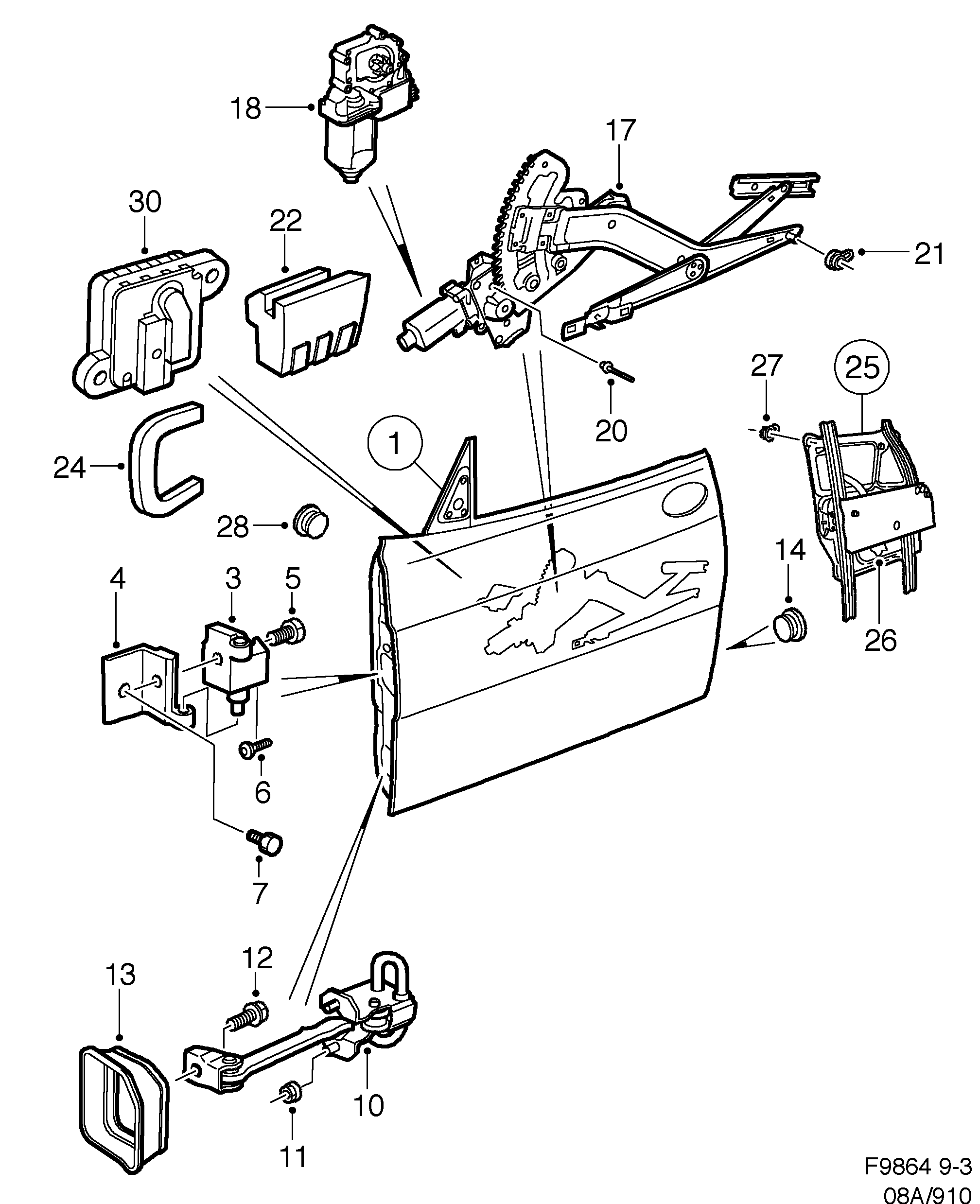 Saab 9-3 (9400) Front door Window regulator diagram