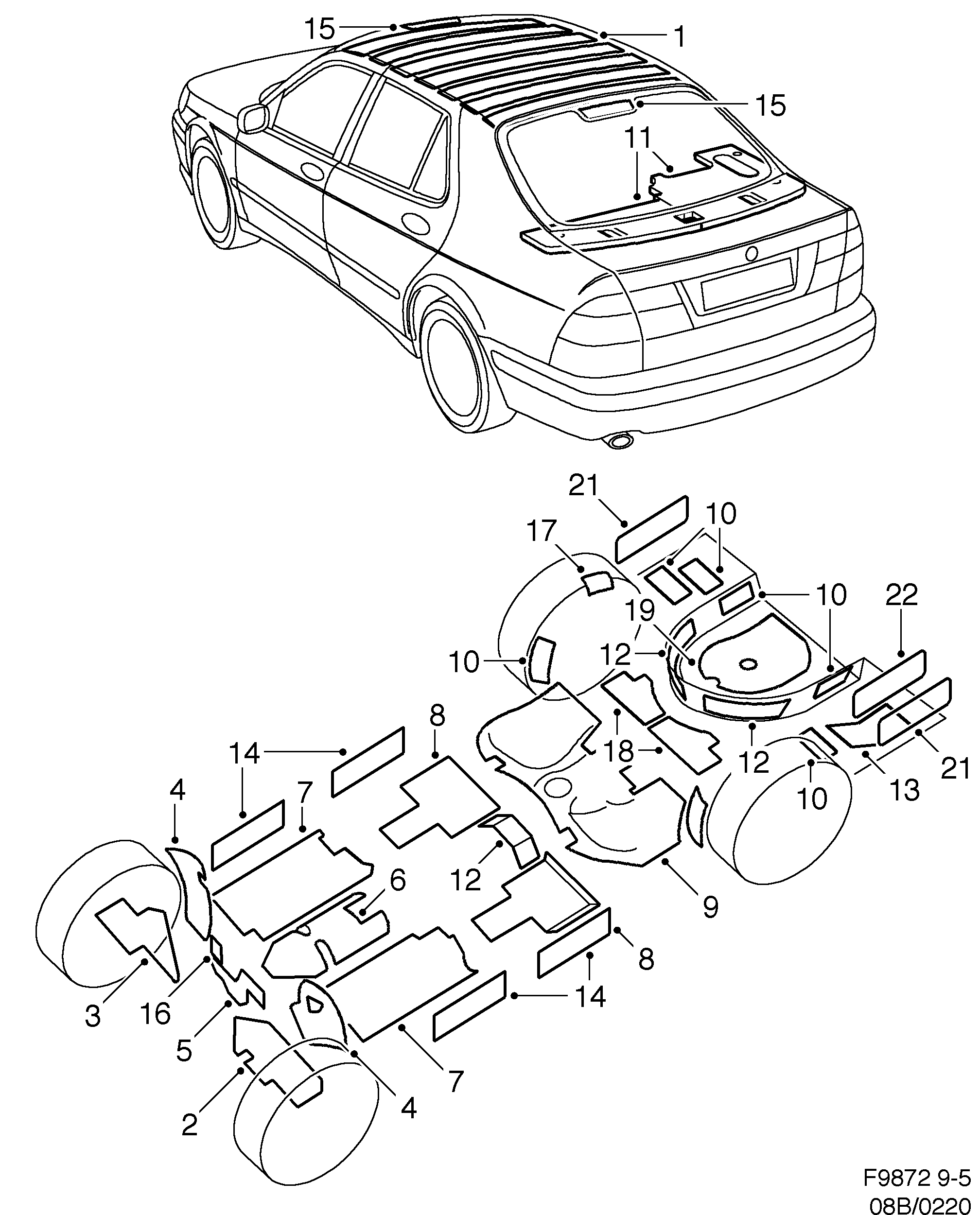 Saab 9-5 (9600) Damper mat diagram