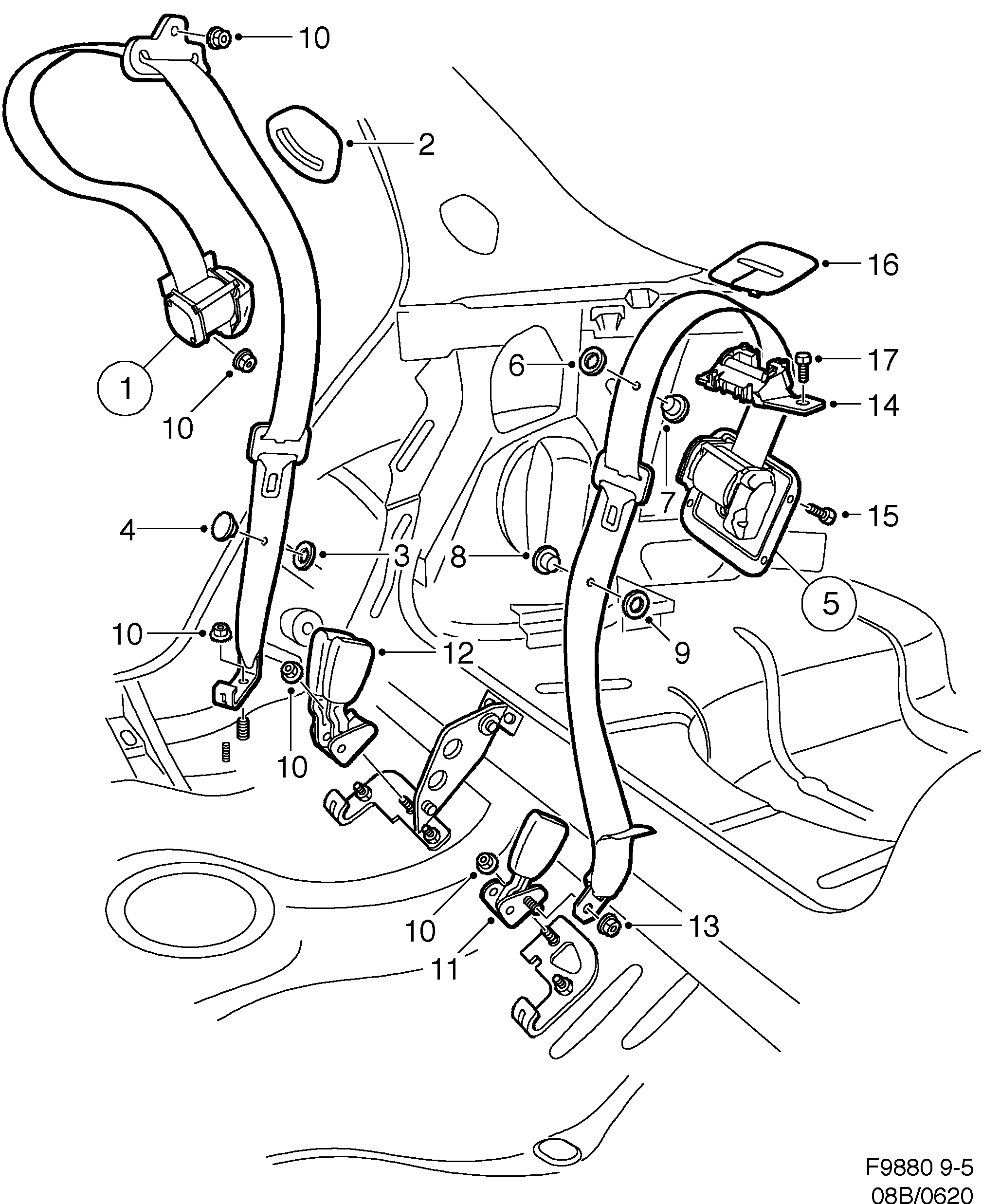 Saab 9-5 (9600) Safety belt, rear seat diagram