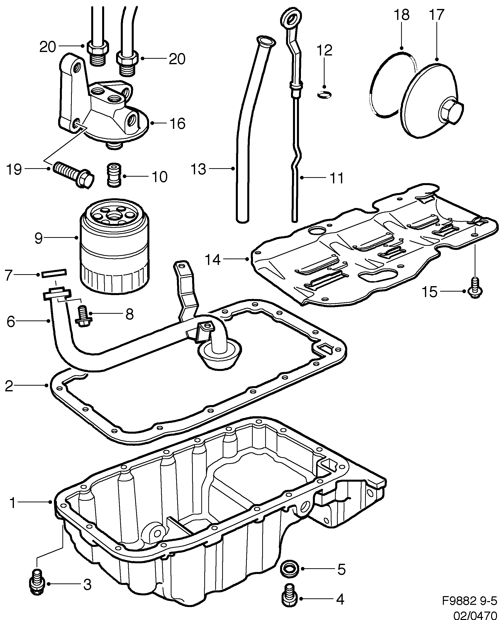 Saab 9-5 (9600) Oil pan, oil filter diagram
