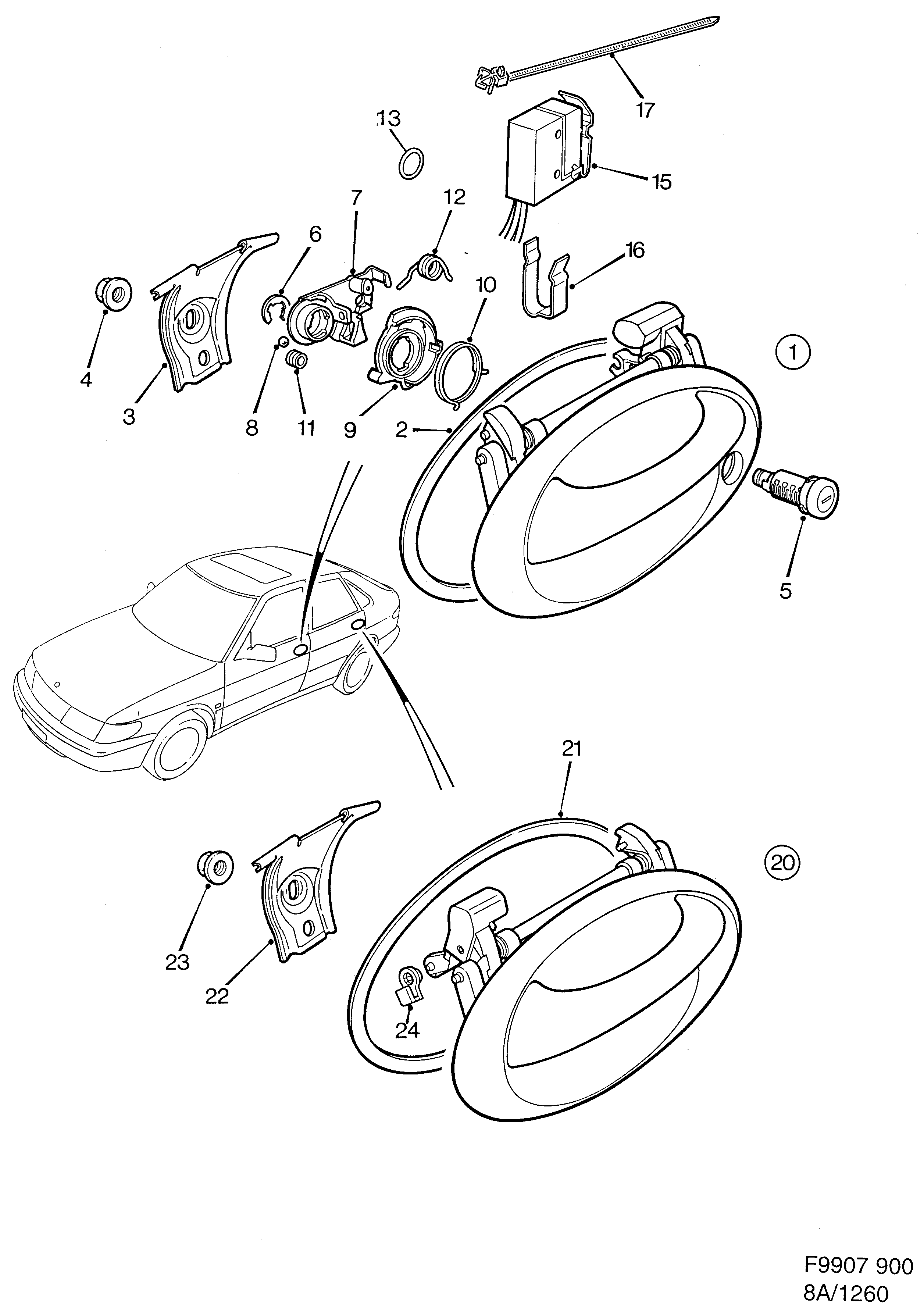 Saab 900 Outside handle diagram