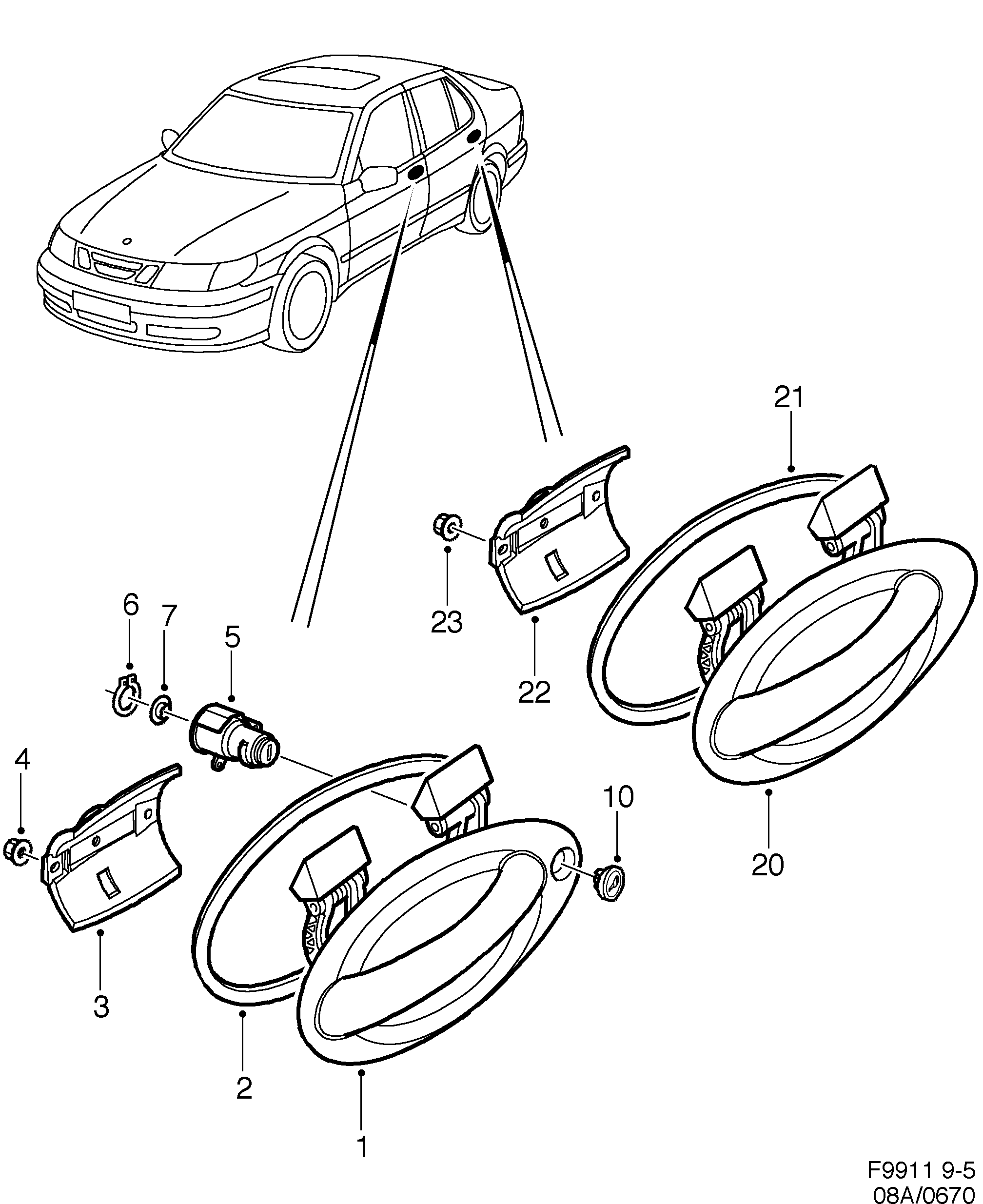 Saab 9-5 (9600) Outside handle diagram